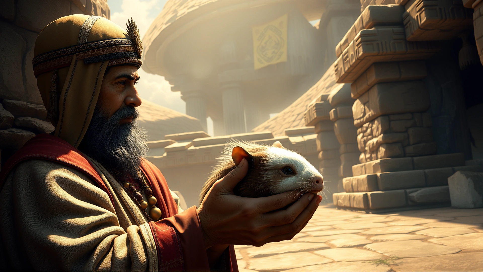 Illustration of an Inca priest holding a guinea pig during an ancient stone-temple ceremony, cinematic lighting