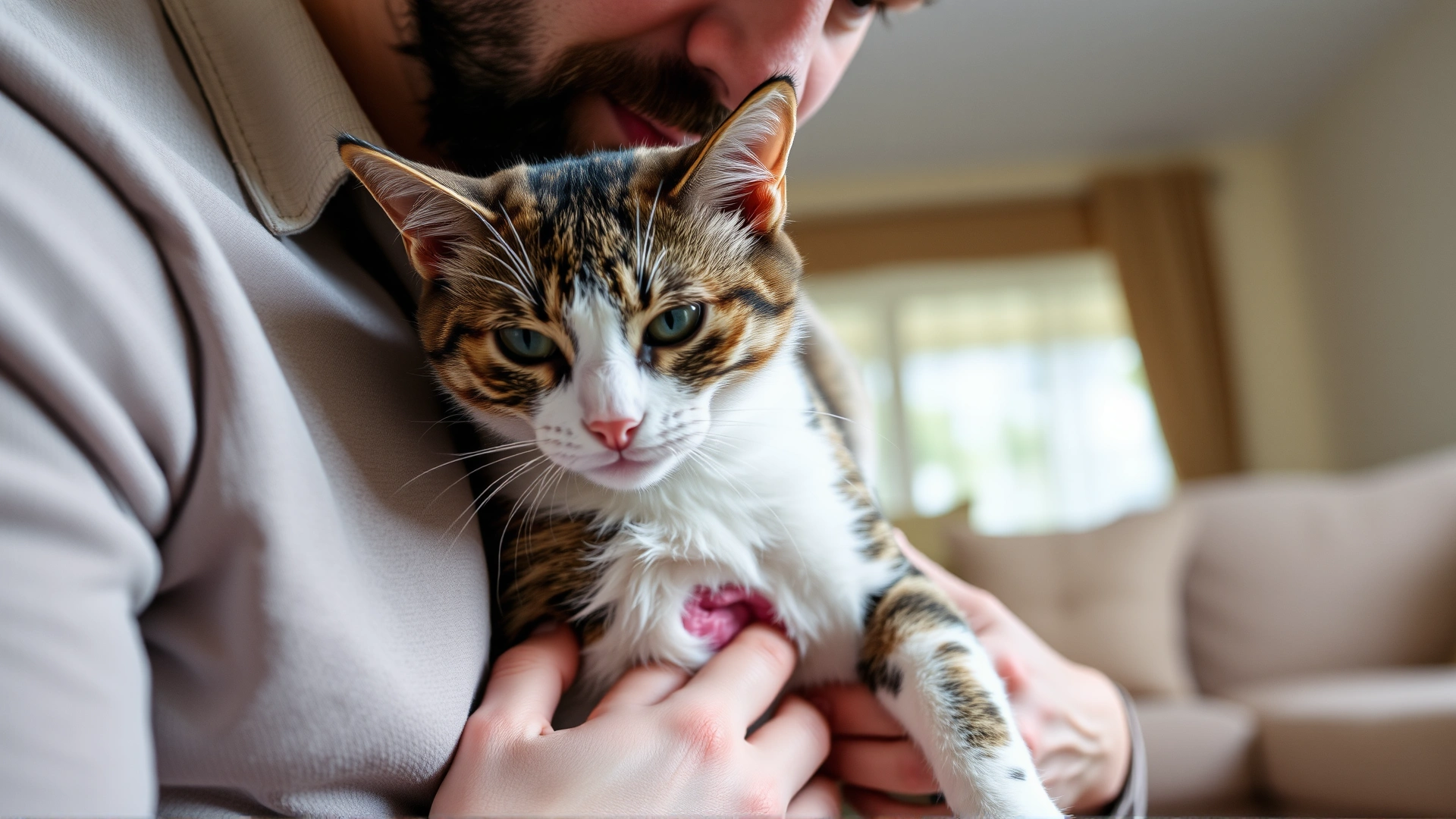 Owner gently inspecting a cat's abdominal incision with clean hands in a softly lit living room.