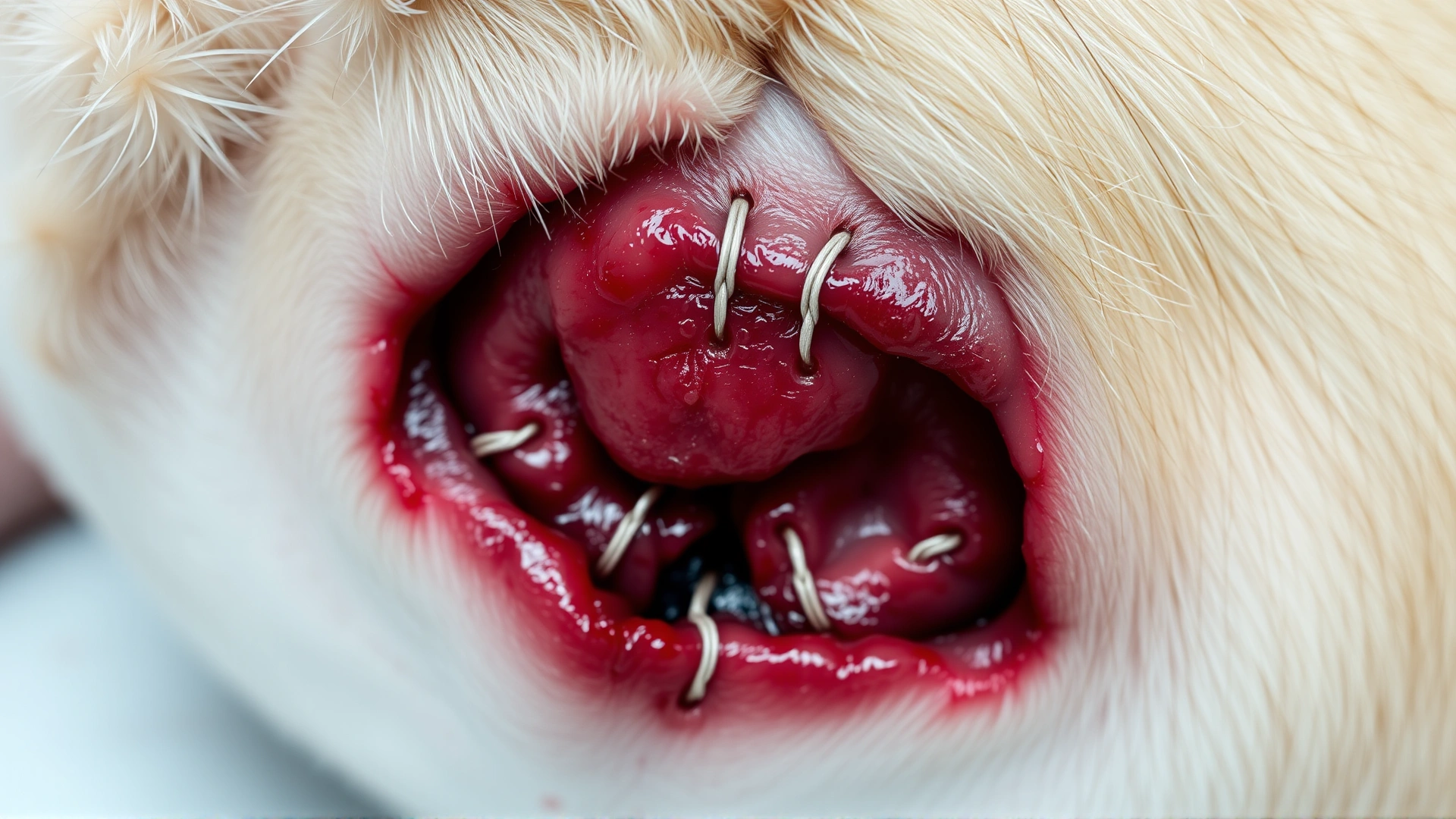 Close-up of a well-healed surgical incision on a dog’s abdomen with minimal redness and clean sutures.
