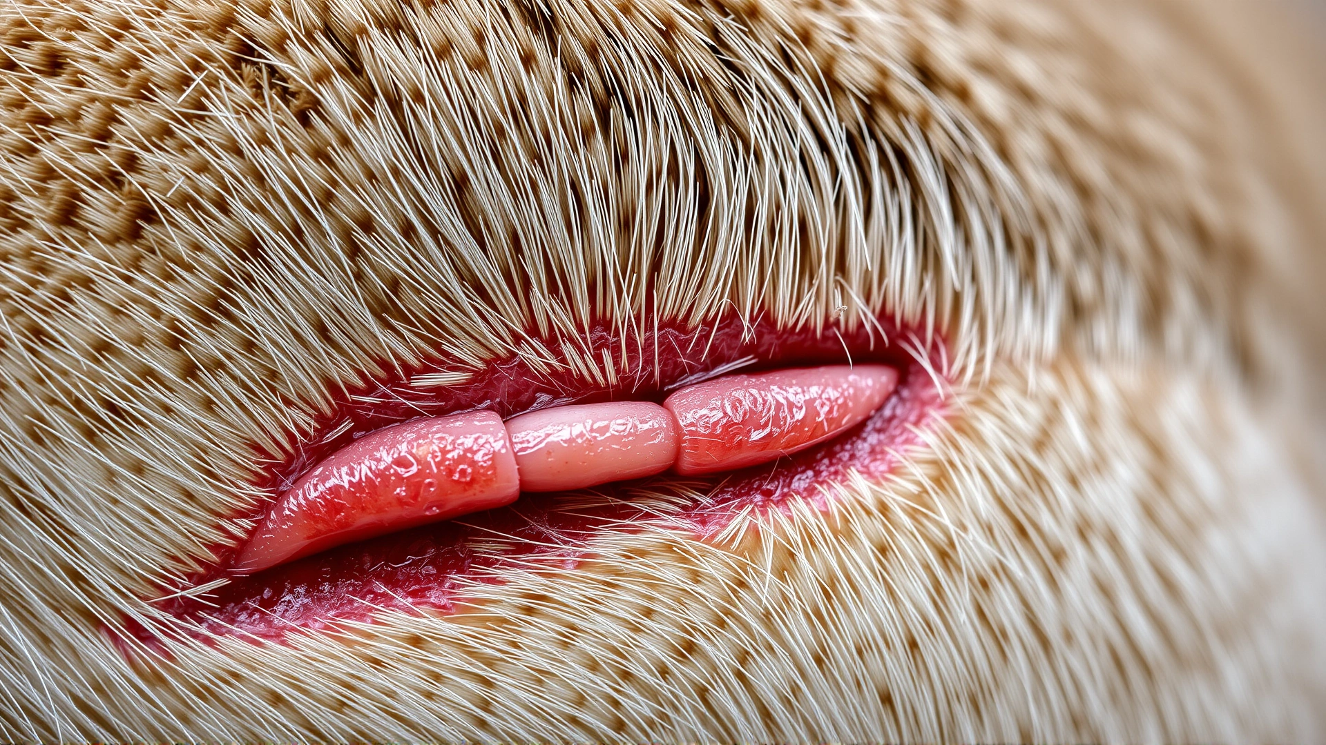Macro shot of a clean, healing surgical incision on a cat's shaved hind leg, stitches visible, no infection