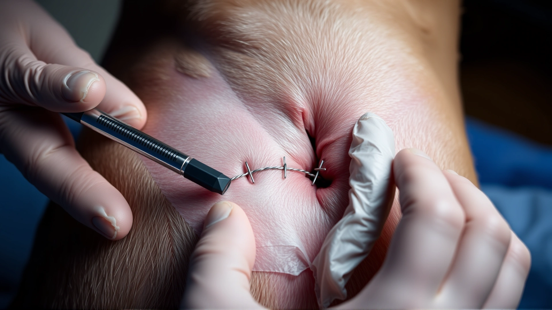 Detailed but non-graphic close-up of a clean surgical incision on a dog's shaved abdomen, stitches intact, veterinarian’s gloved hands gently inspecting.