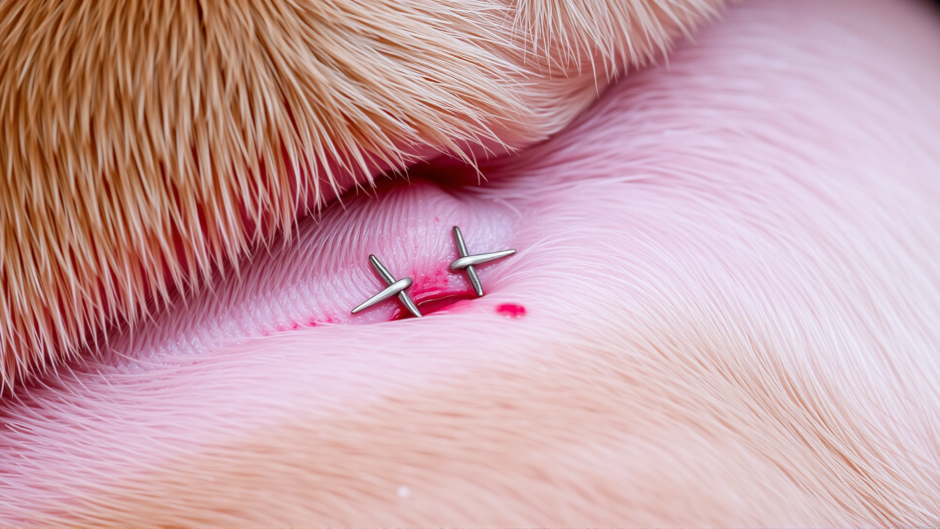 Macro photograph of a clean, healing surgical incision on the abdomen of a short-haired dog showing neat stitches and minimal redness, high detail, no text.