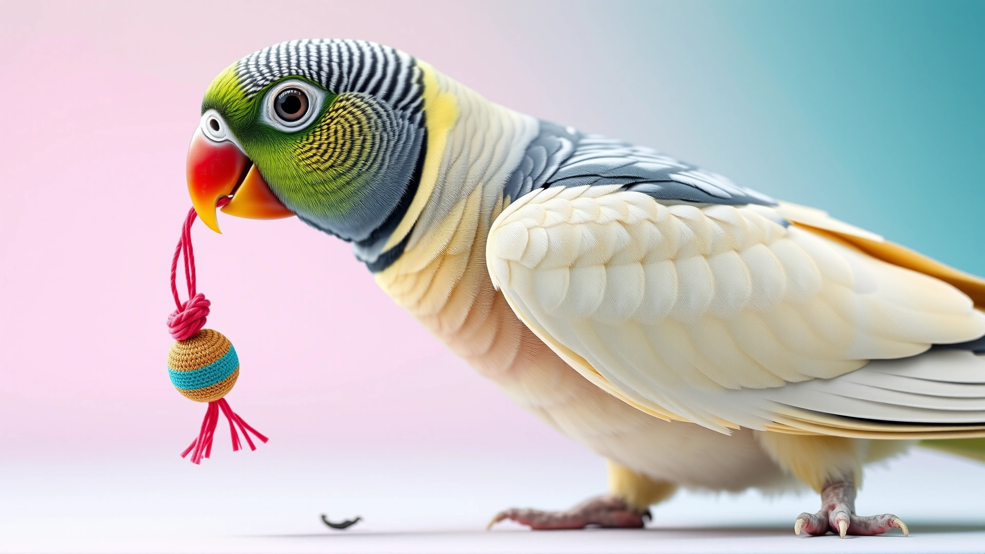 Indian Ringneck parakeet with its iconic neck ring, holding a small toy in its claw, soft pastel backdrop