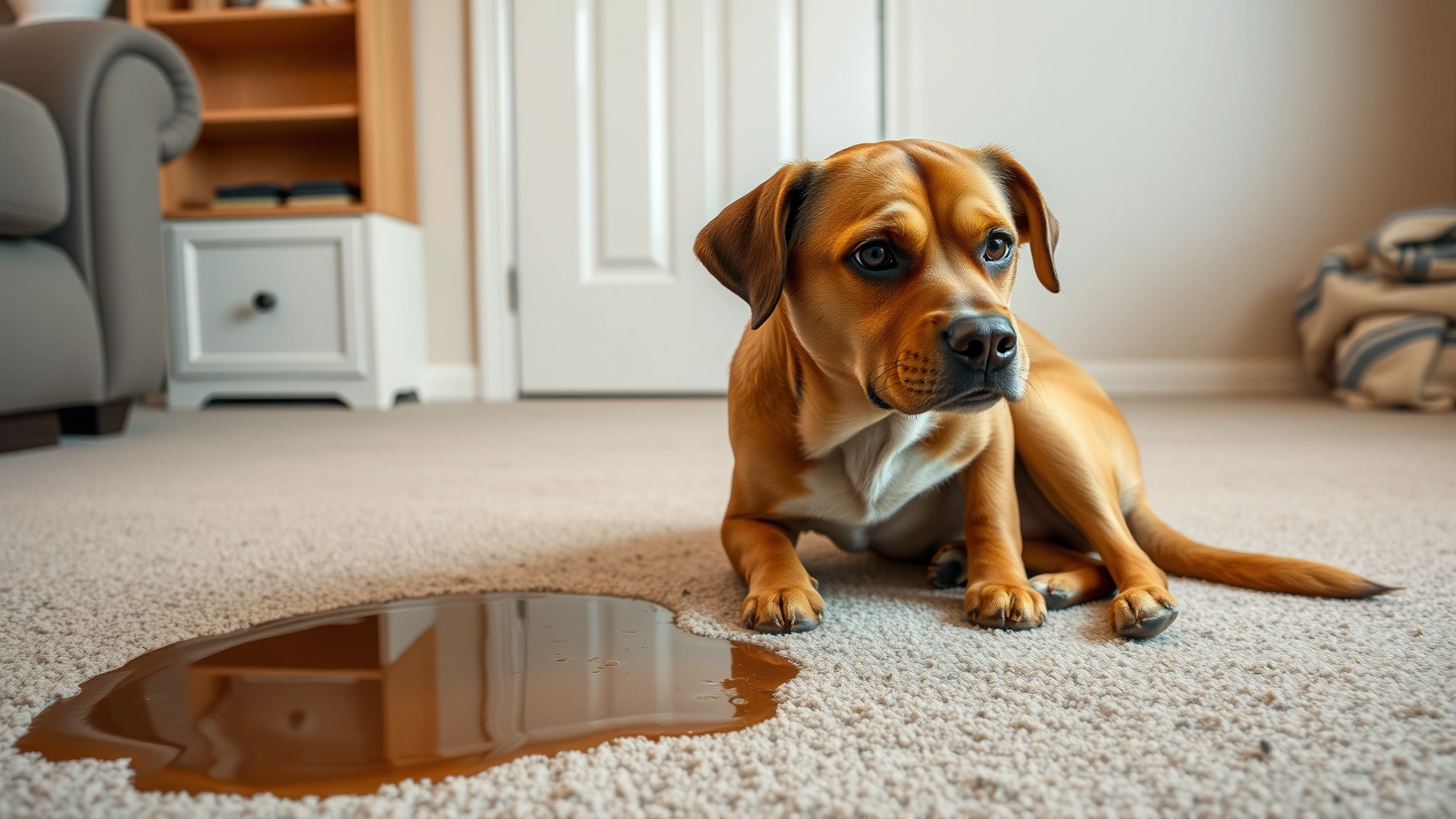 A guilty-looking dog sitting beside a small puddle on a carpeted living-room floor, showing it had an accident indoors, no text.