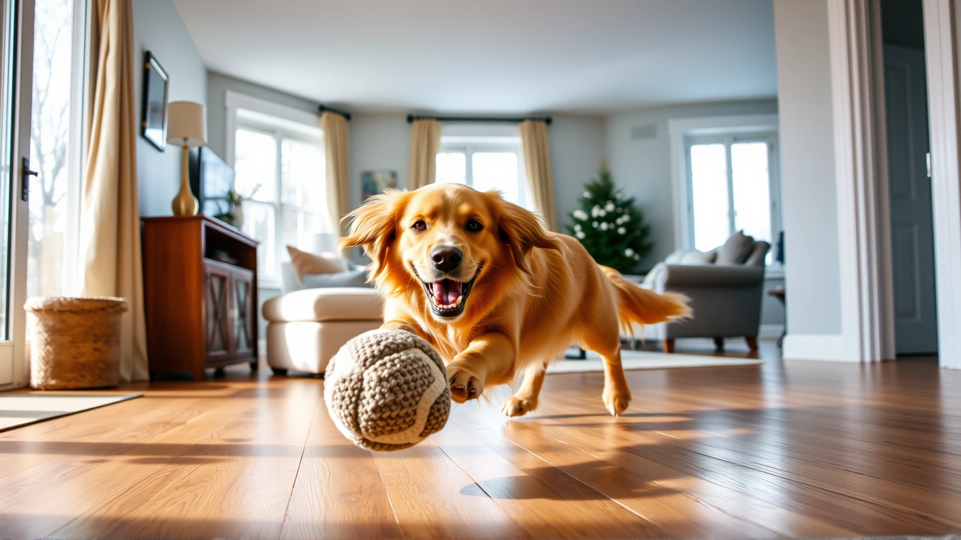 Golden retriever chasing a soft plush ball across a spacious living room with wooden floors and winter light streaming through windows.