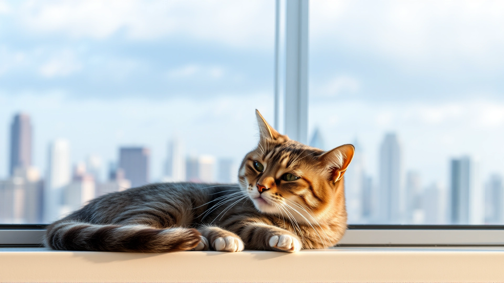 Relaxed indoor cat lounging on a windowsill with city skyline blurred in background