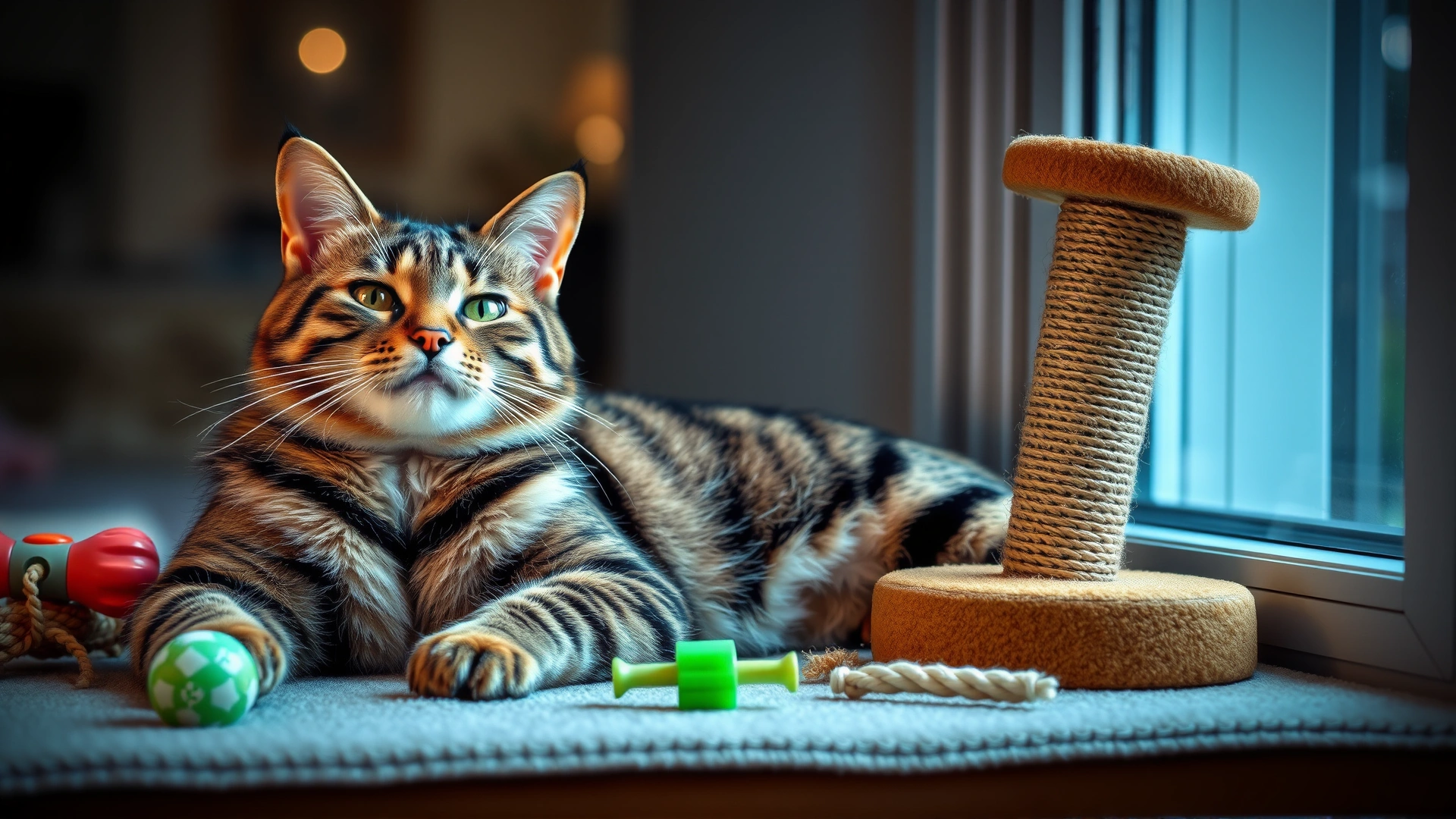 Happy indoor cat lounging by a window with toys and a scratching post, representing prevention of fights and abscesses.