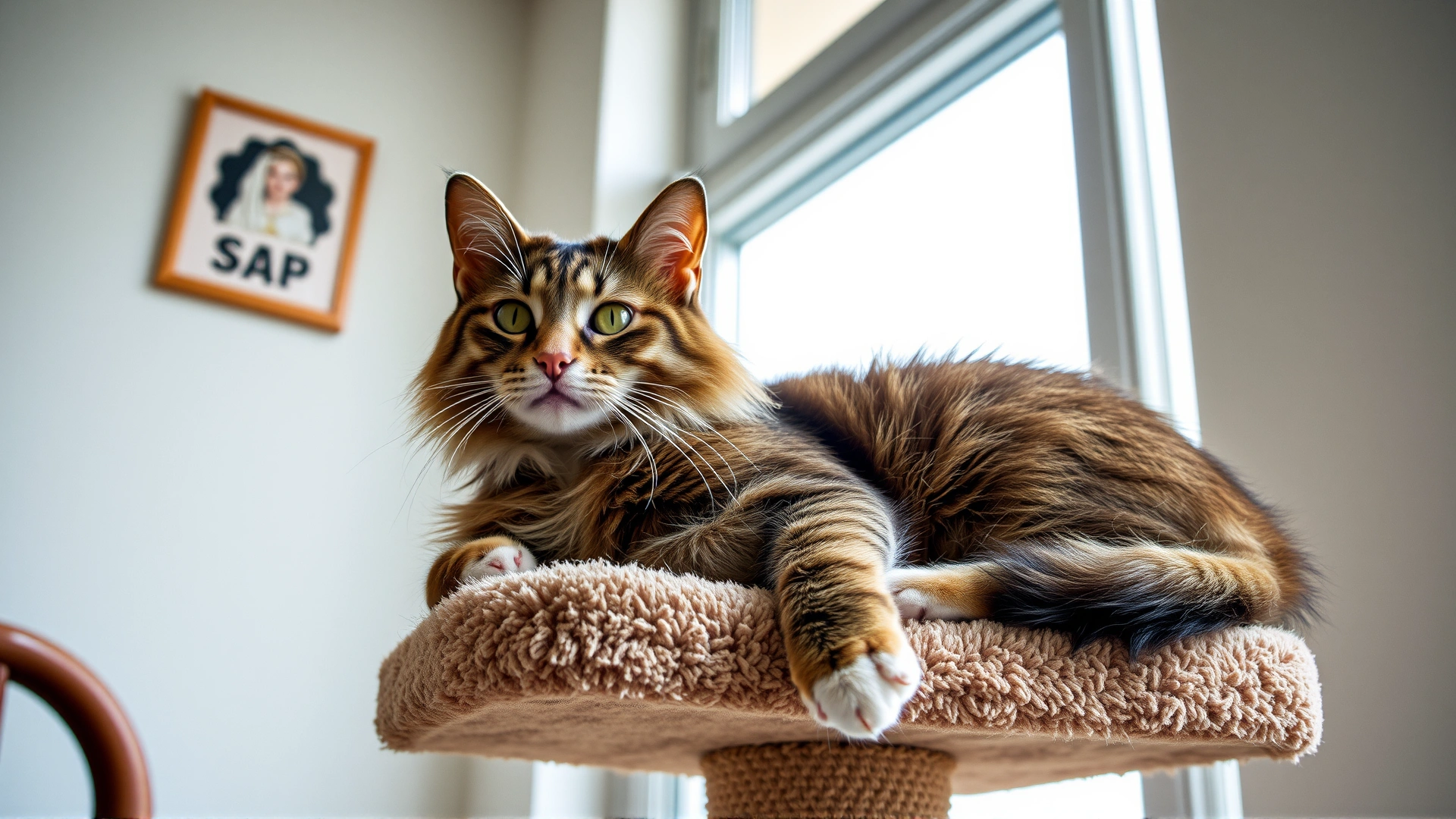 Content indoor cat lounging on a cat tree near a window, illustrating a safe indoor environment.