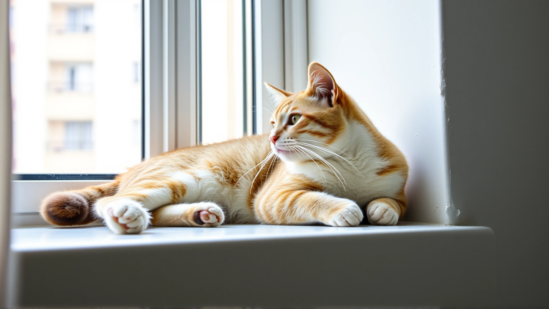 Content cat lounging on a windowsill inside a clean apartment, signifying indoor lifestyle and prevention.