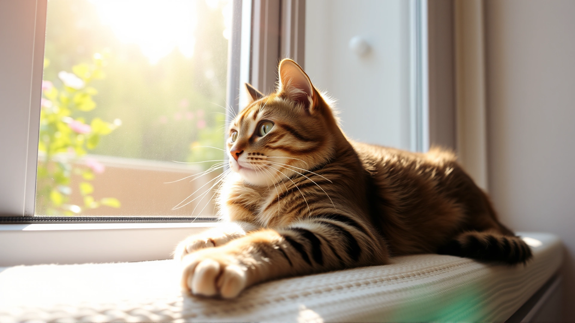 Content indoor cat lounging by a sunlit window with garden view in the background, representing preventive care, no text