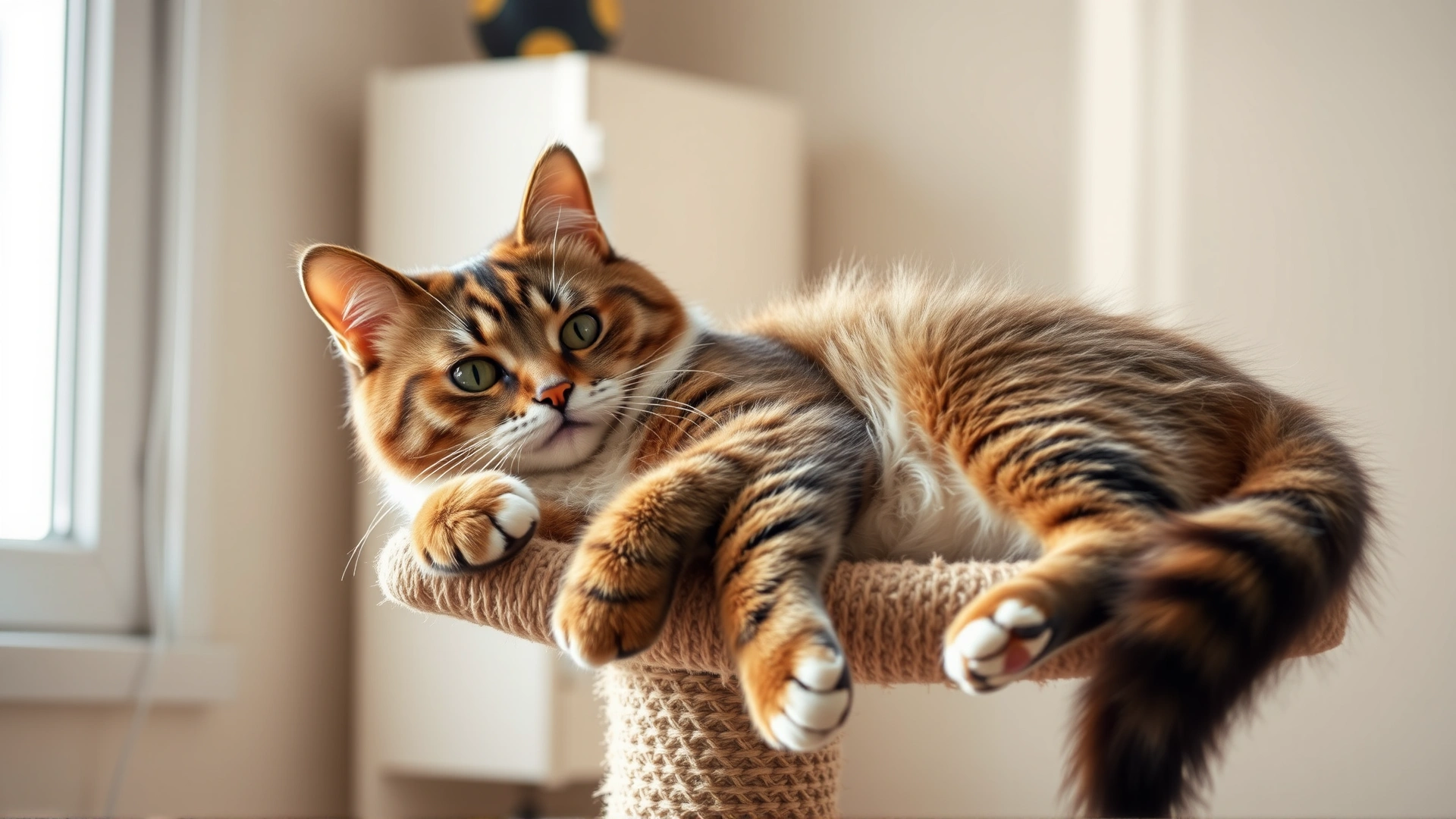 Relaxed indoor cat lounging on a scratching post near a window with soft natural light, symbolizing preventive indoor lifestyle.