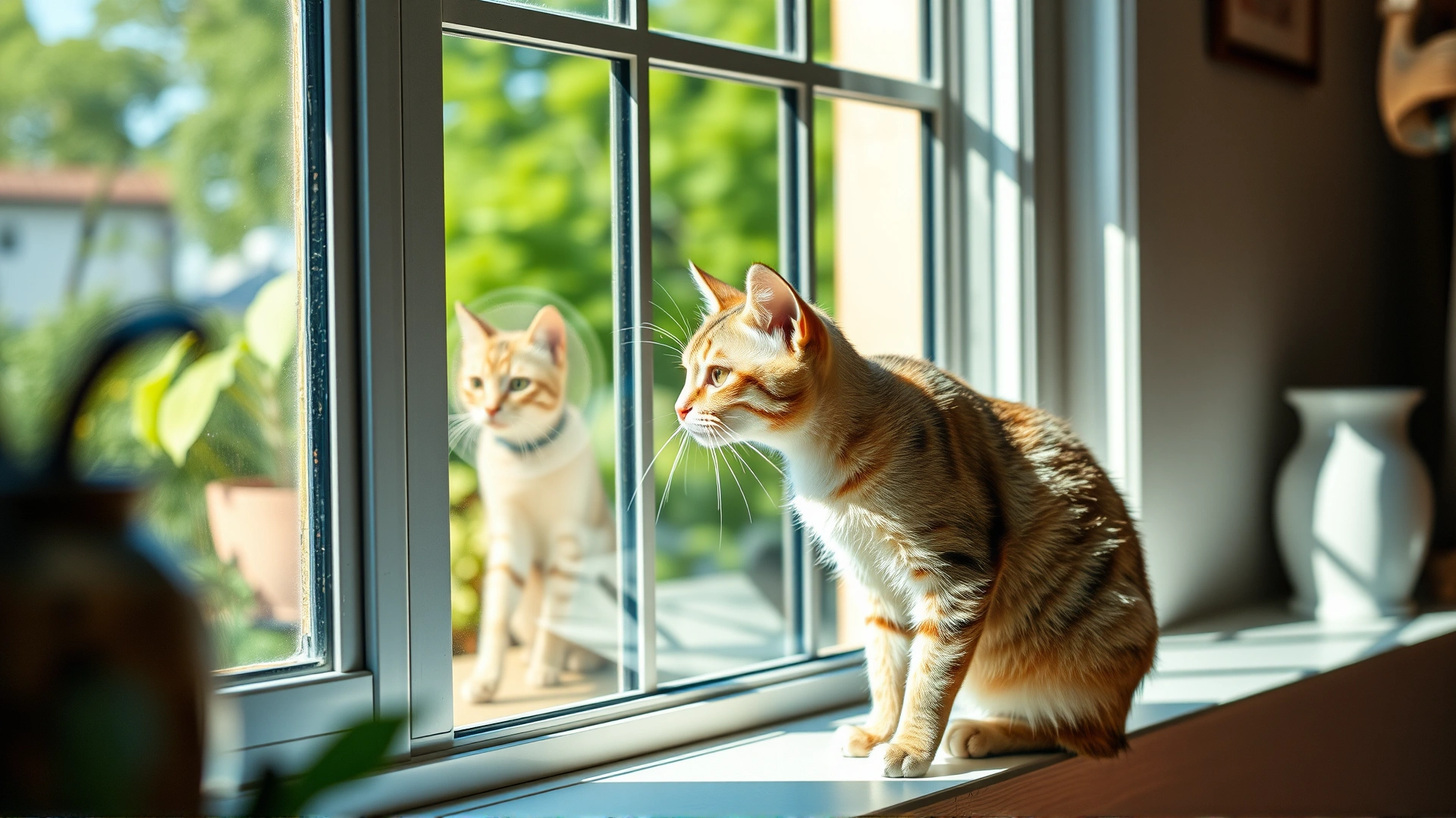 Healthy domestic short-haired cat sitting on a sunny windowsill indoors, looking outside, cozy home interior, no text, high resolution.