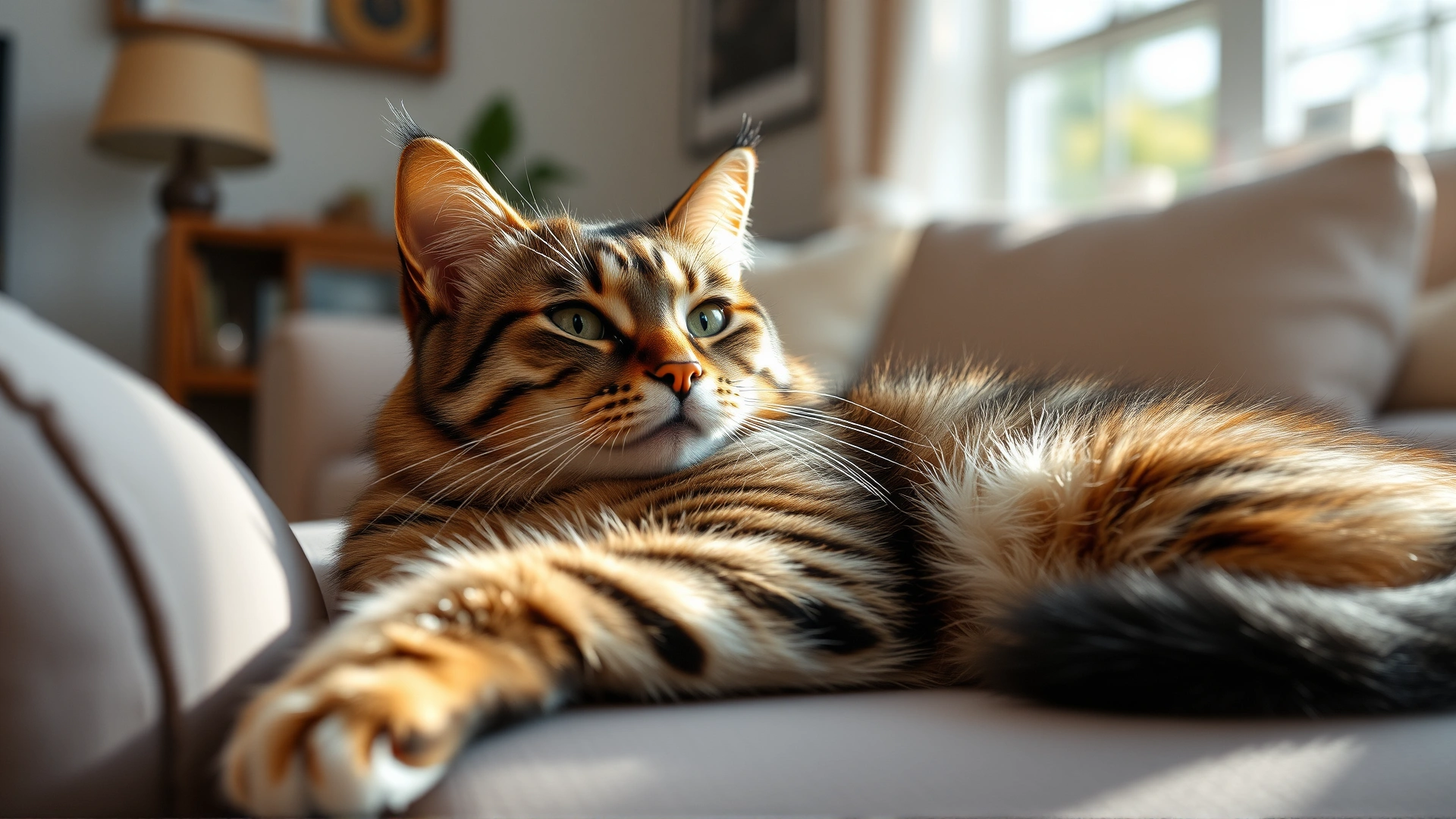 Healthy FIV-positive cat lounging comfortably in a sunlit living room, demonstrating good quality of life with proper indoor care