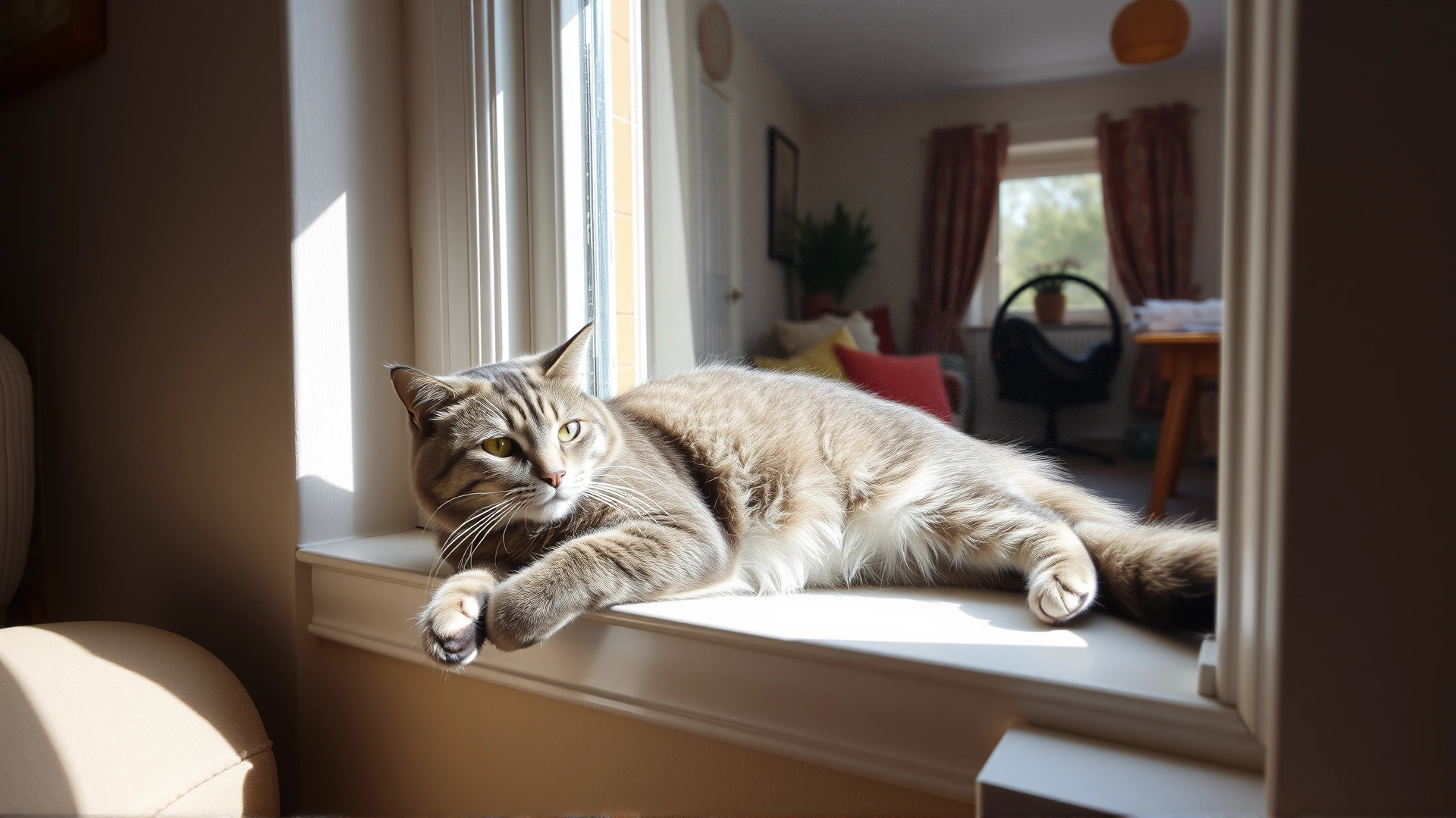 Content domestic cat relaxing on a sunny windowsill inside a tidy living room, representing safe indoor environment.