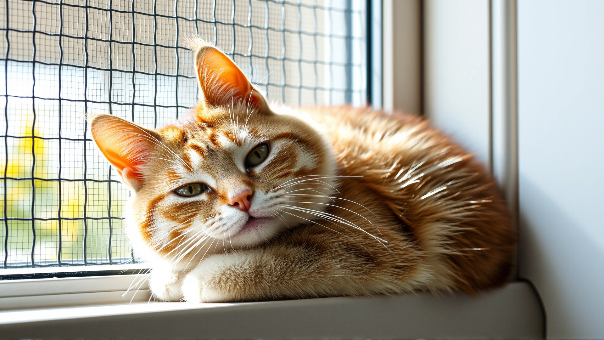 Happy indoor cat lounging near a window with protective mesh, bright daylight, safe home environment