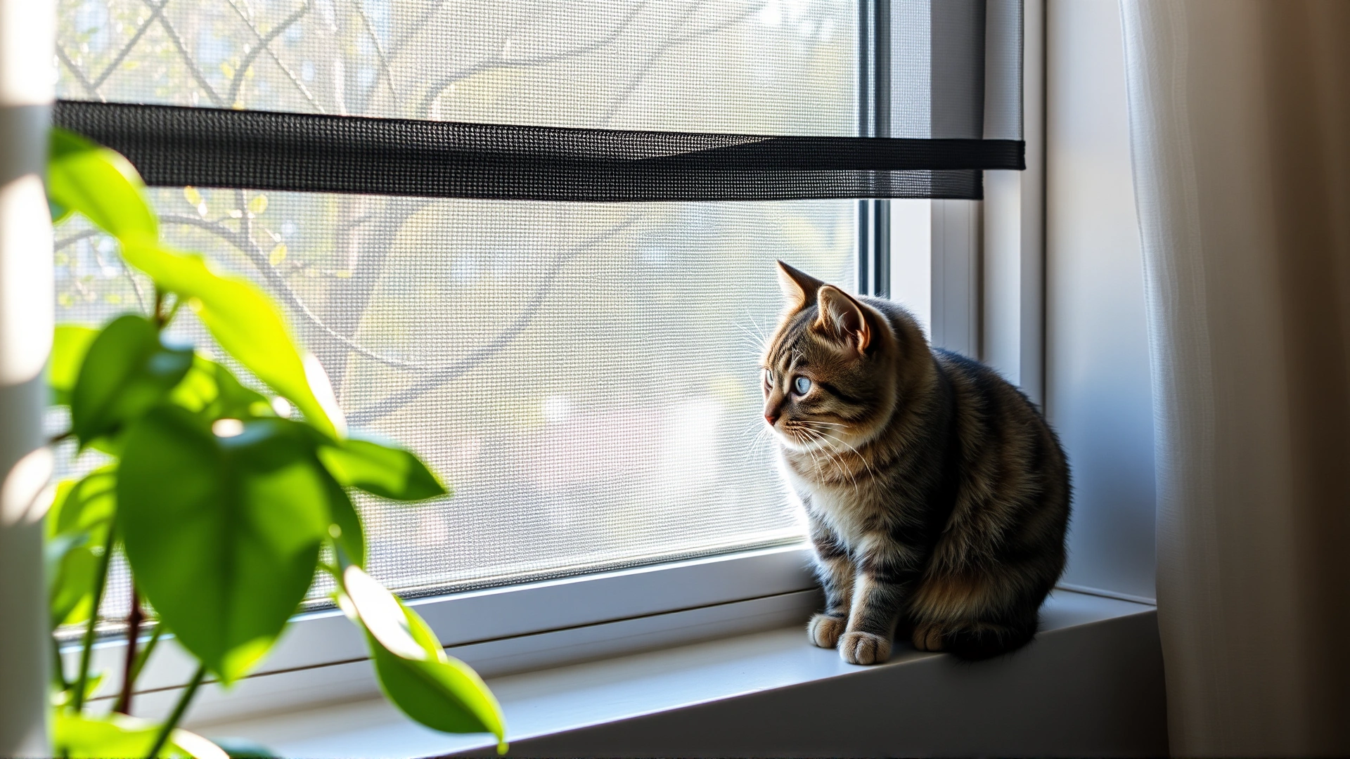 Content indoor cat sitting on a windowsill with a protective screen, sunlight filtering through, houseplants nearby.