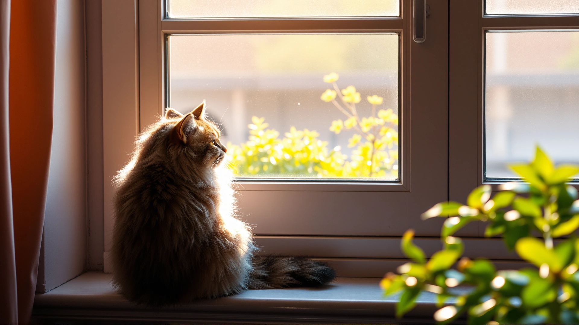Indoor scene of a fluffy cat sitting on a windowsill, looking outside, warm daylight streaming in, plants visible outside, no text