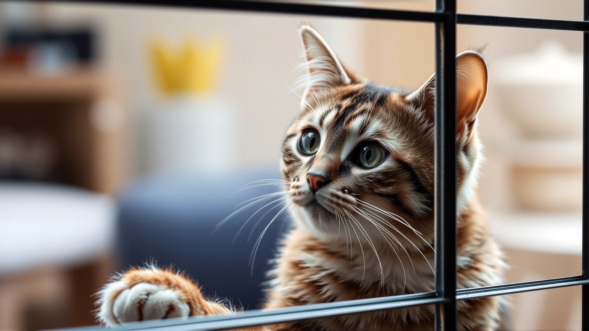 An indoor-only cat pressed against a glass door, curiously looking outside, conveying that even indoor cats can potentially escape.