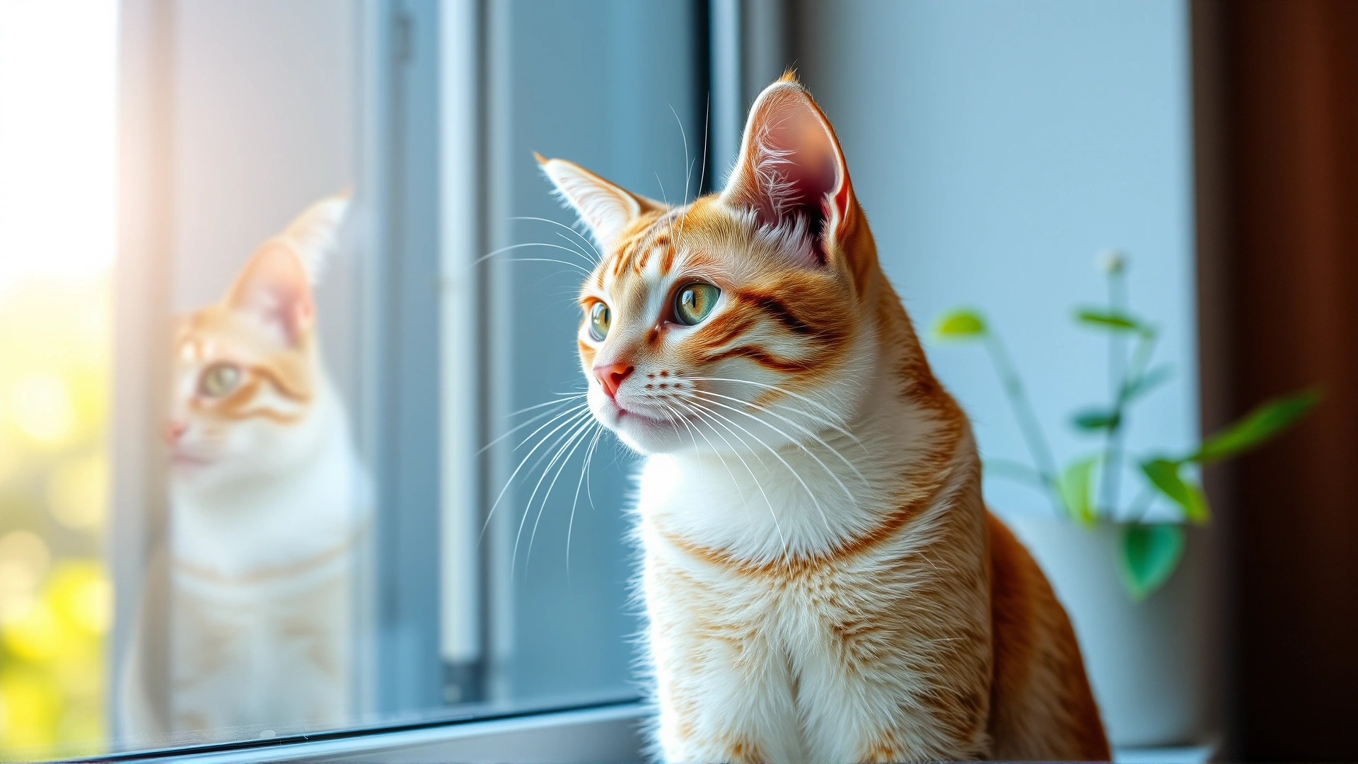 Healthy indoor cat sitting by a sunny window, looking outside, safe home environment