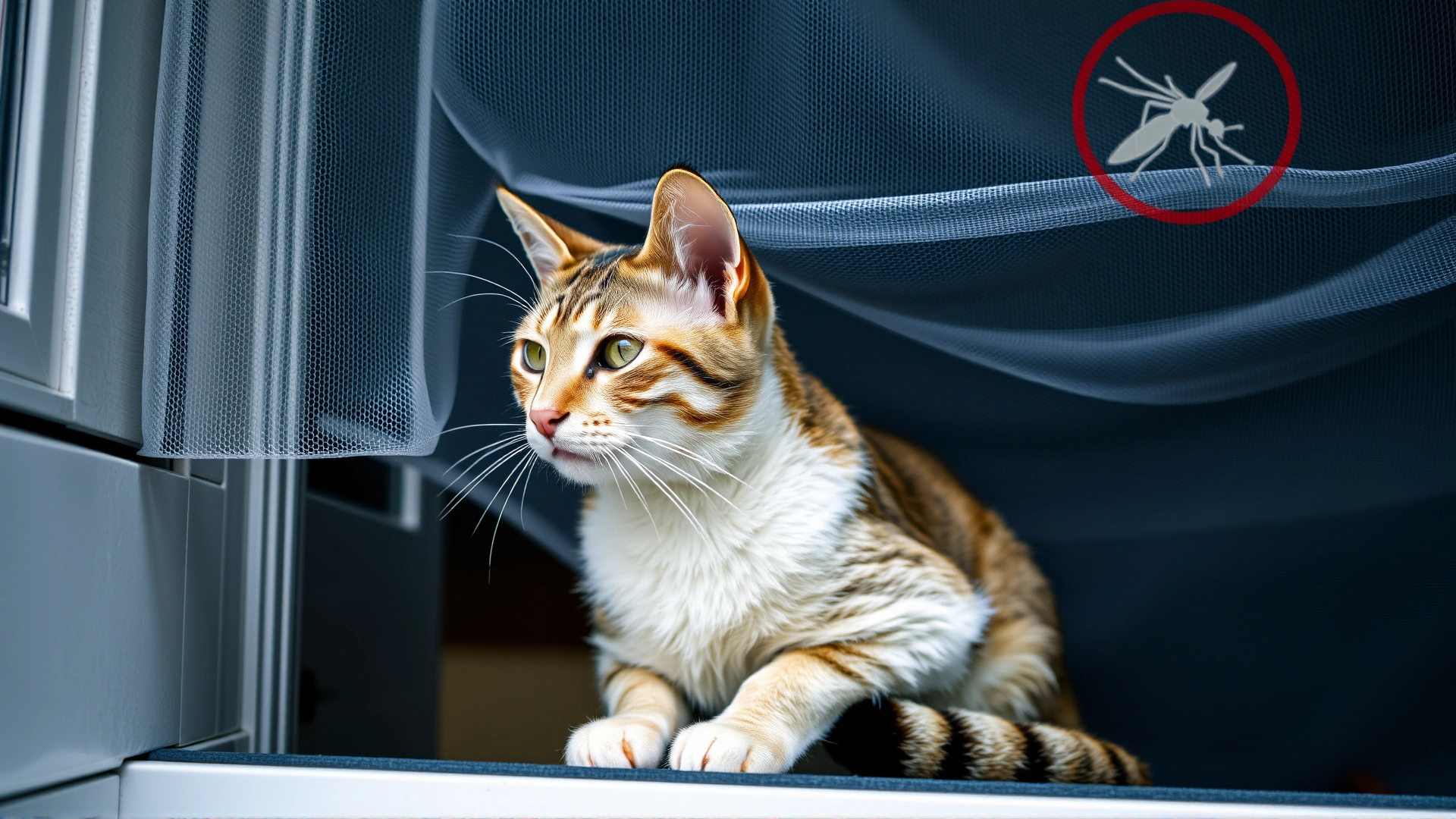 A relaxed domestic short-haired cat sitting by a window with a mosquito net visible, symbolizing indoor preventive measures.