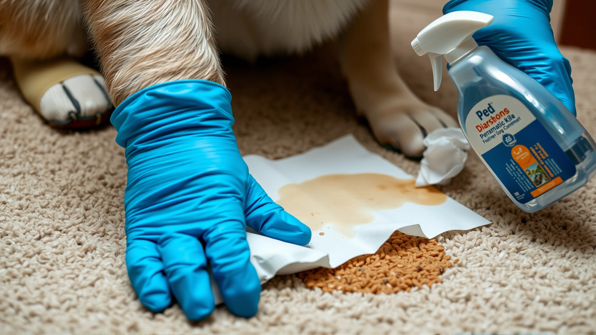 Close-up of hands in blue rubber gloves blotting dog diarrhea stain on beige carpet with paper towels and applying enzymatic cleaner