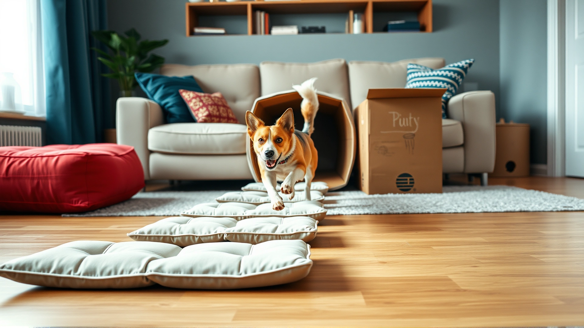 Playful home setup with couch cushions arranged as stepping stones and a cardboard box tunnel; dog mid-run with tail wagging