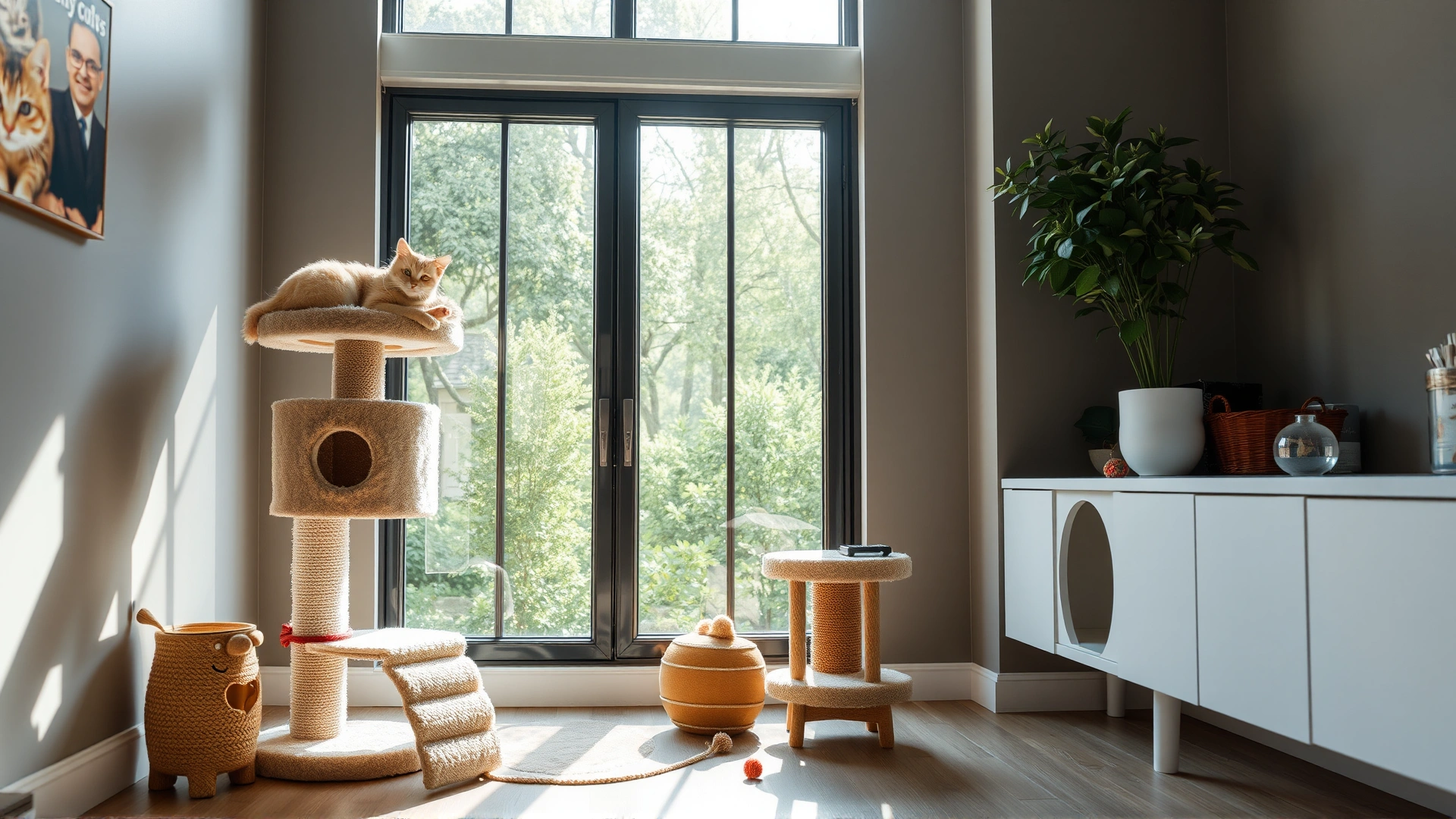 Bright indoor setting featuring a cat tree, scratching post, and toys near a large window, representing an enriched indoor environment for indoor-only cats