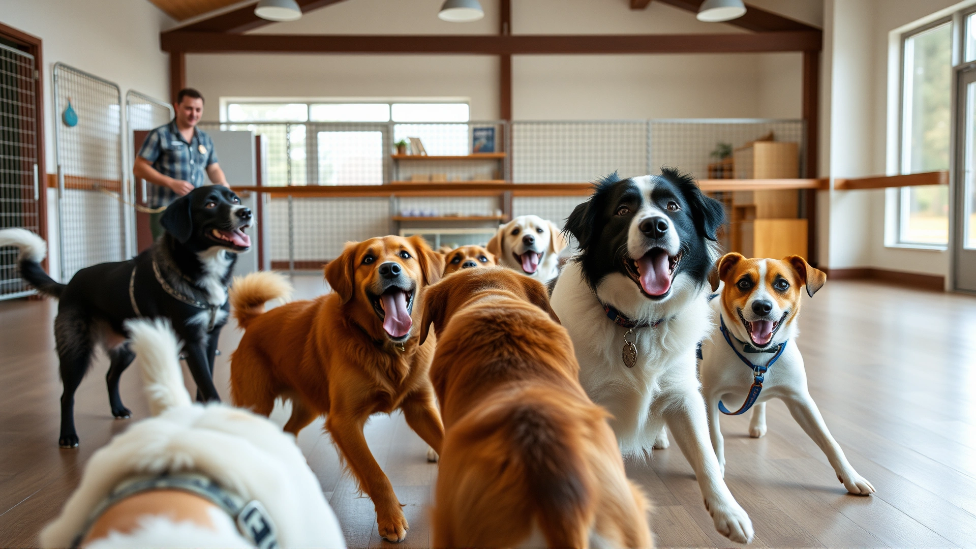 Group of dogs playing together in a bright indoor dog daycare facility with caretakers supervising