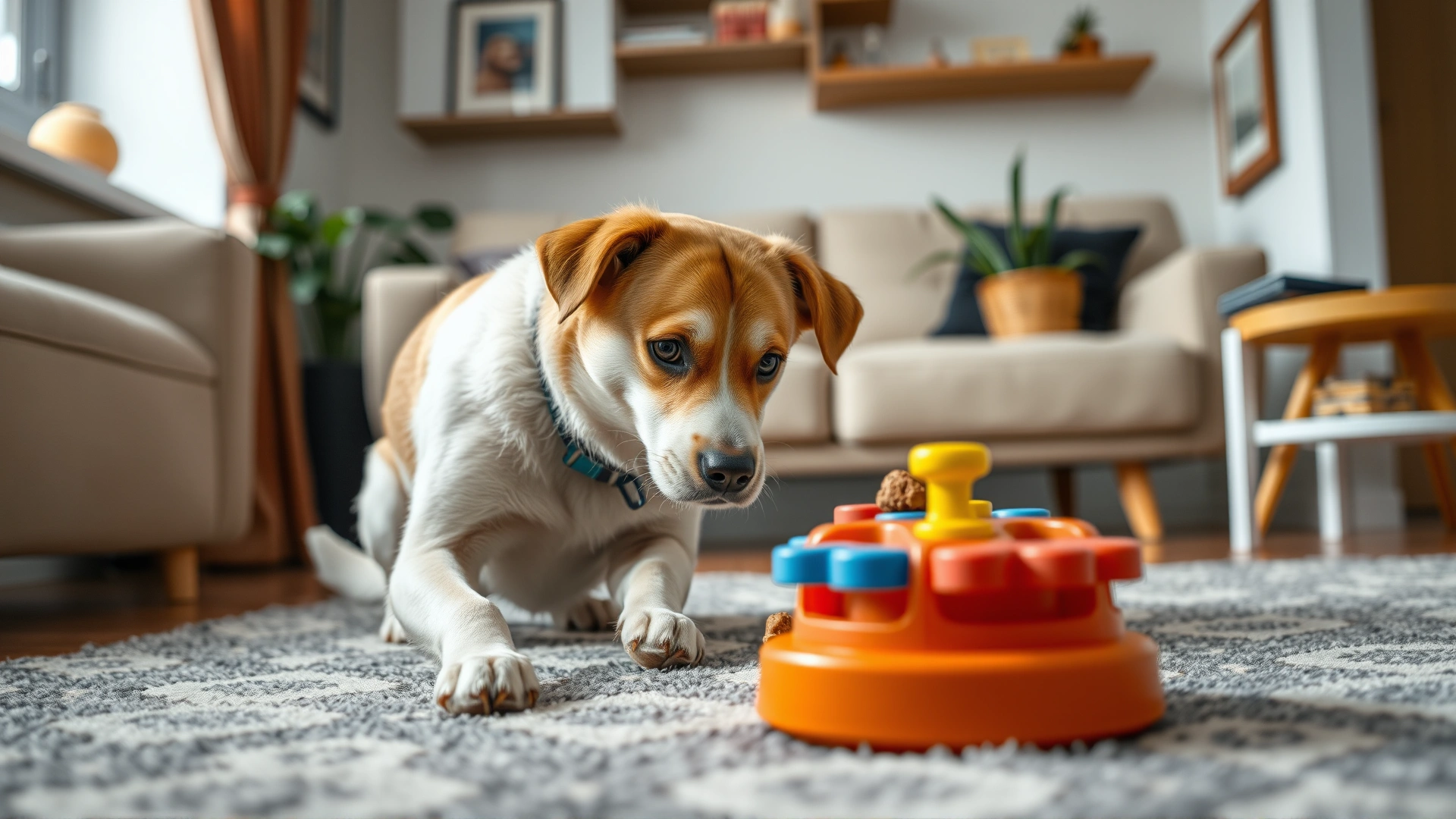 A small apartment living room scene with a dog focusing on a colorful treat-dispensing puzzle toy on a rug.