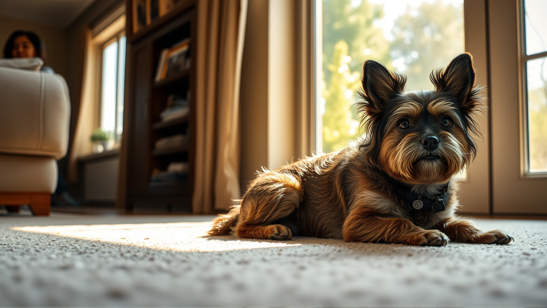 Small dog lying on a carpeted living-room floor beside a sunlit window, illustrating an indoor environment