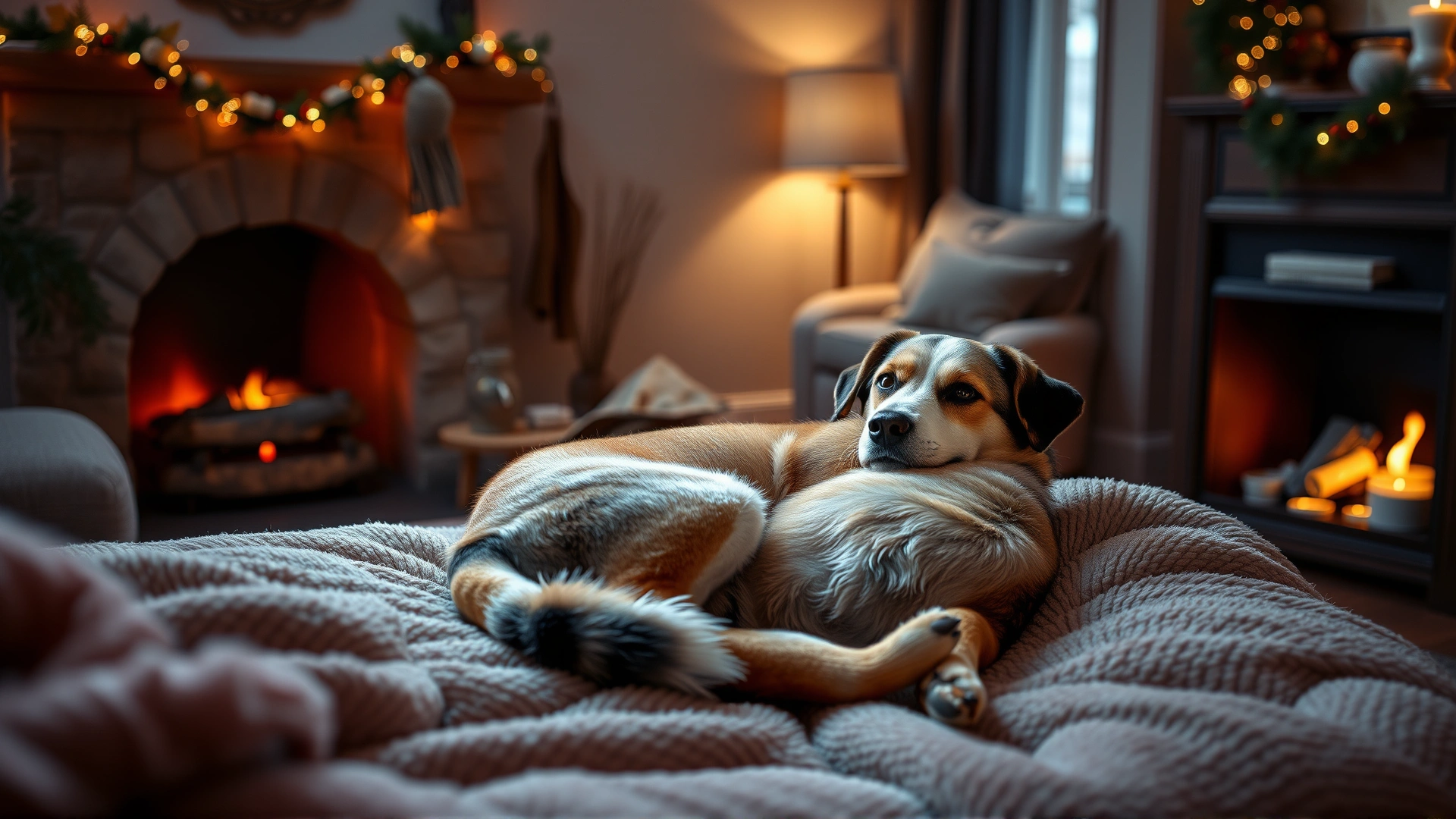 Cozy scene of a relaxed dog curled up on a plush bed near a lit fireplace inside a warm living room; no text