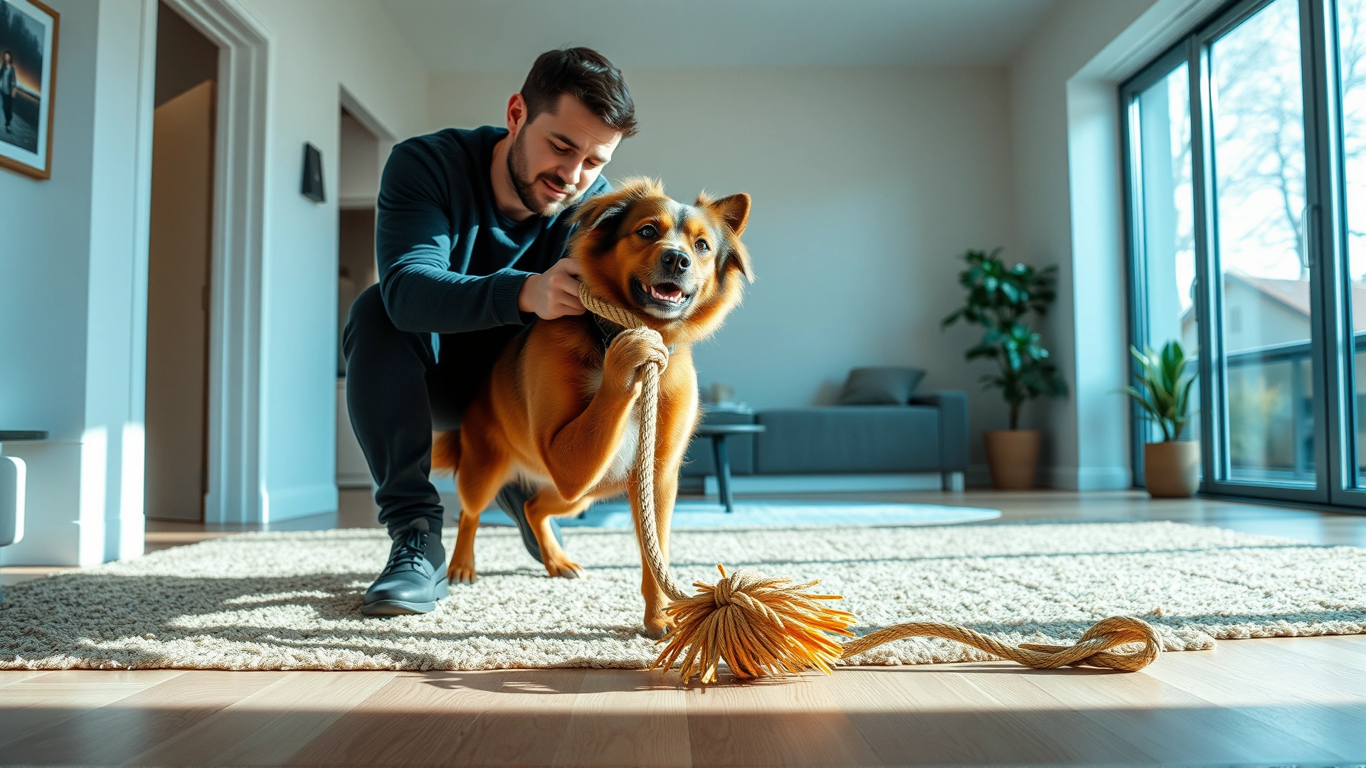 AI image: Dog and owner playing tug-of-war with rope toy inside a modern living room with natural light.