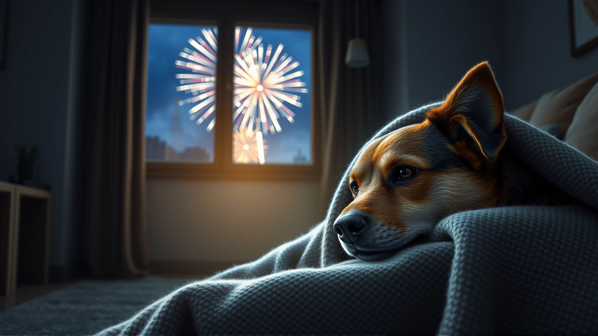 A medium-sized dog hiding under a blanket inside a cozy living room while fireworks glow through a closed window; the room feels safe and dimly lit