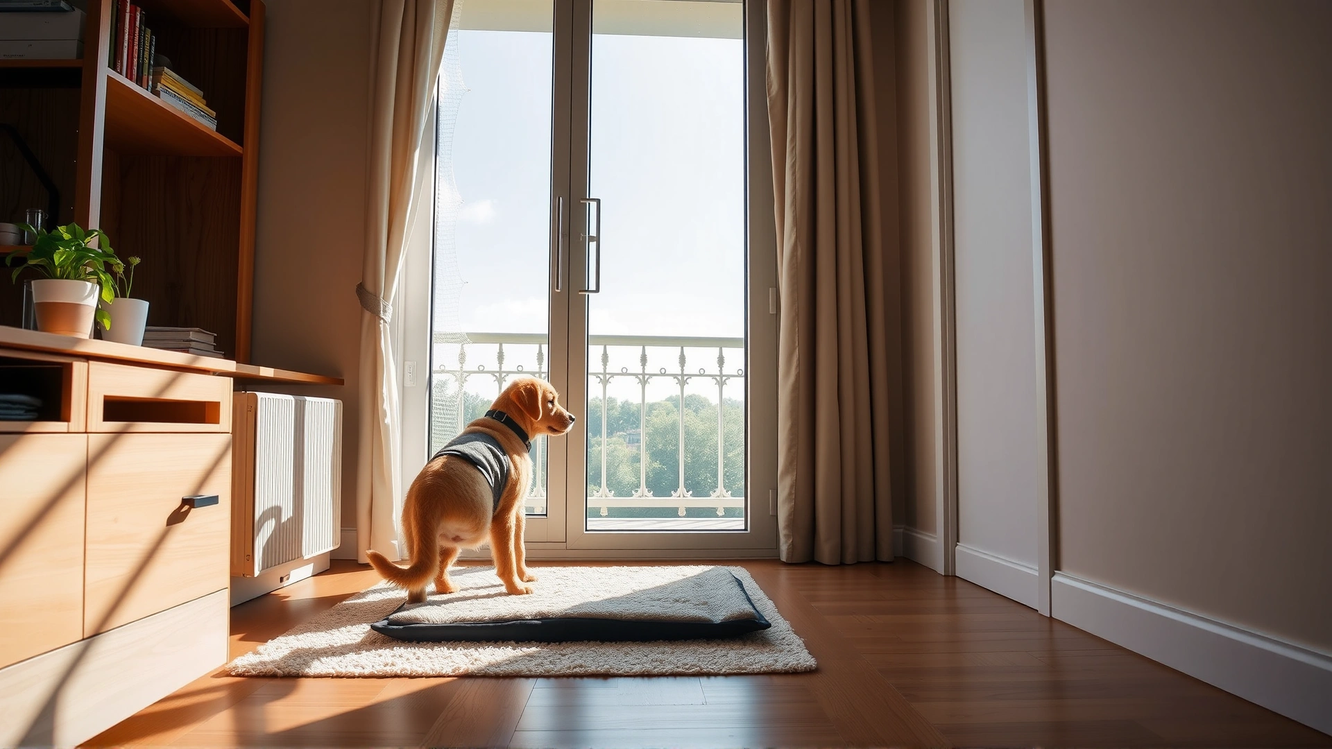 Apartment setting with a puppy using a fresh pee pad near a balcony door, natural daylight