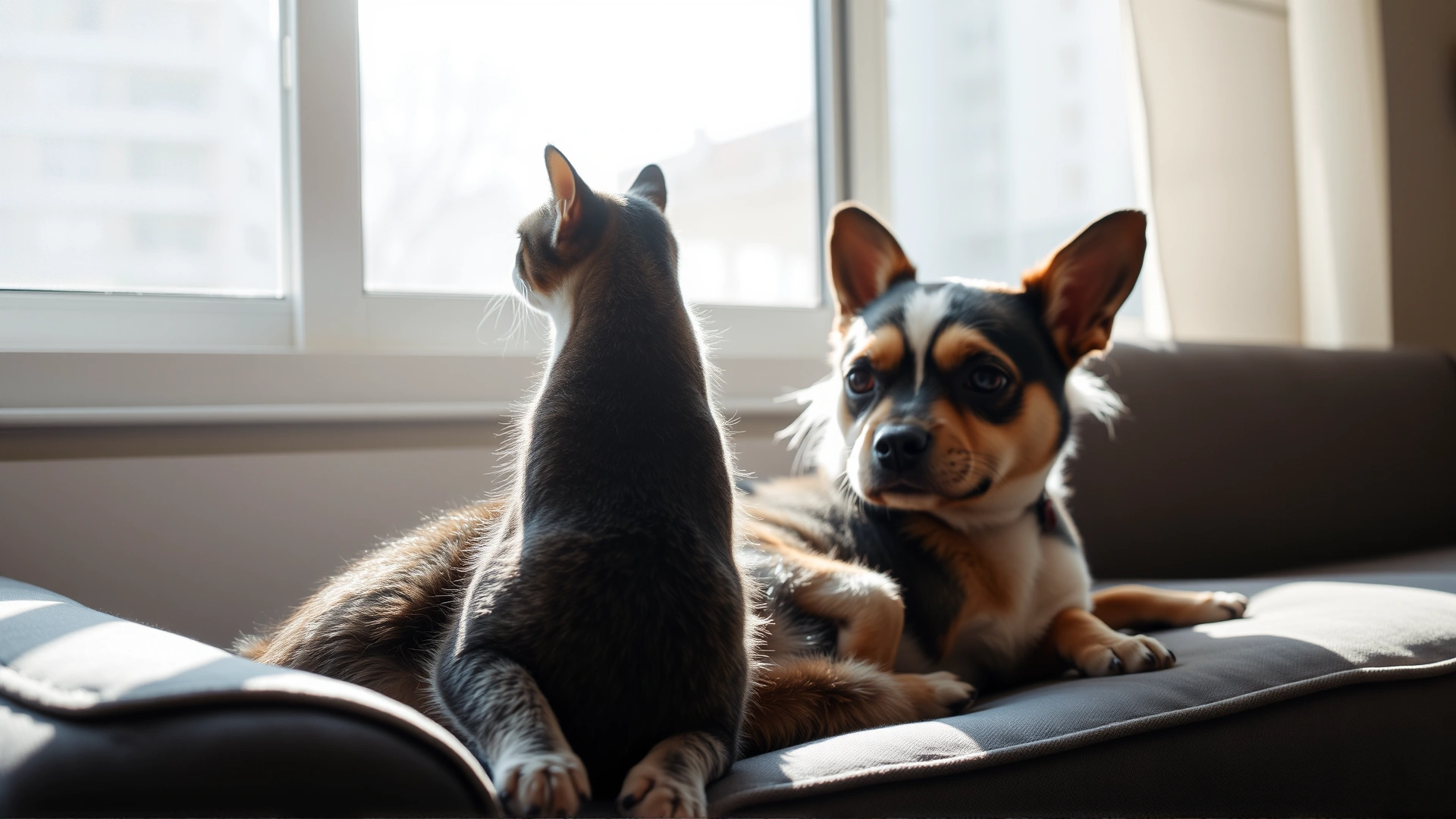 A relaxed domestic short-haired cat looking out of a sunlit apartment window while a small mixed-breed dog lounges on the couch, demonstrating that indoor pets can still be at risk.