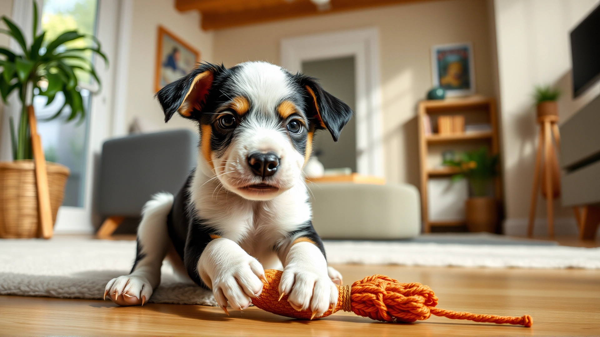 Playful puppy chewing a toy inside a clean living room, showing safe indoor enrichment after parvovirus outbreak.