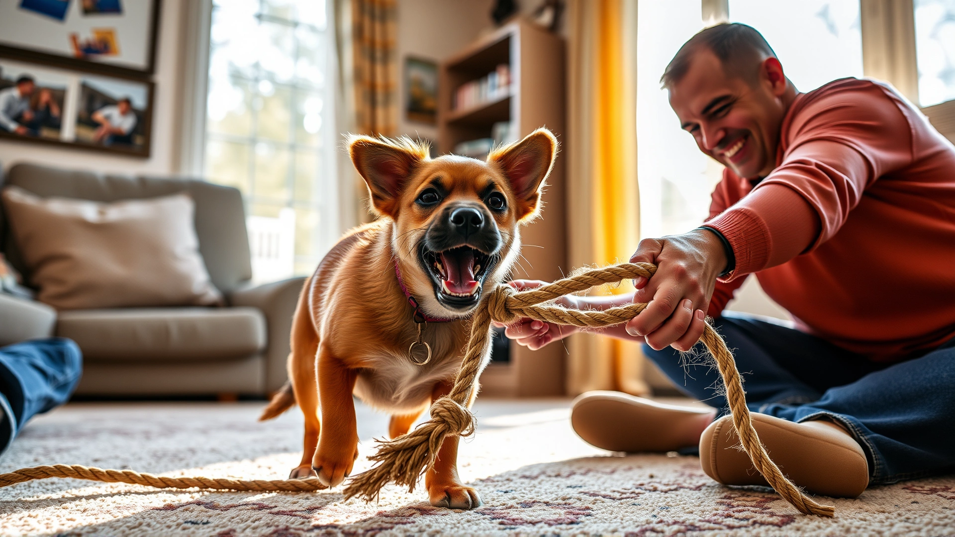 Small brown dog and owner playing tug-of-war with a rope toy in a cozy sunlit living room.