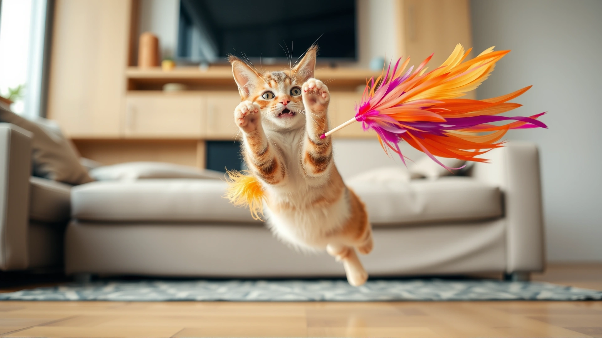 Energetic cat leaping to catch a colorful feather toy in a modern living room, motion blur capturing action.