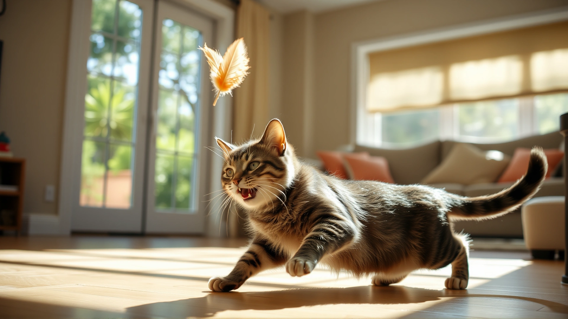 Healthy indoor cat chasing a feather toy in a sunlit living room, illustrating safe environment