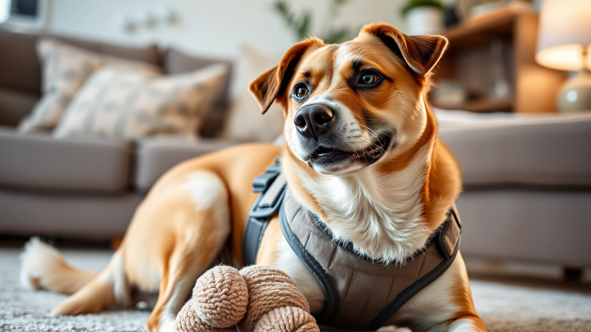 Happy recovering dog wearing a soft harness gently playing with a plush toy inside a cozy living room.