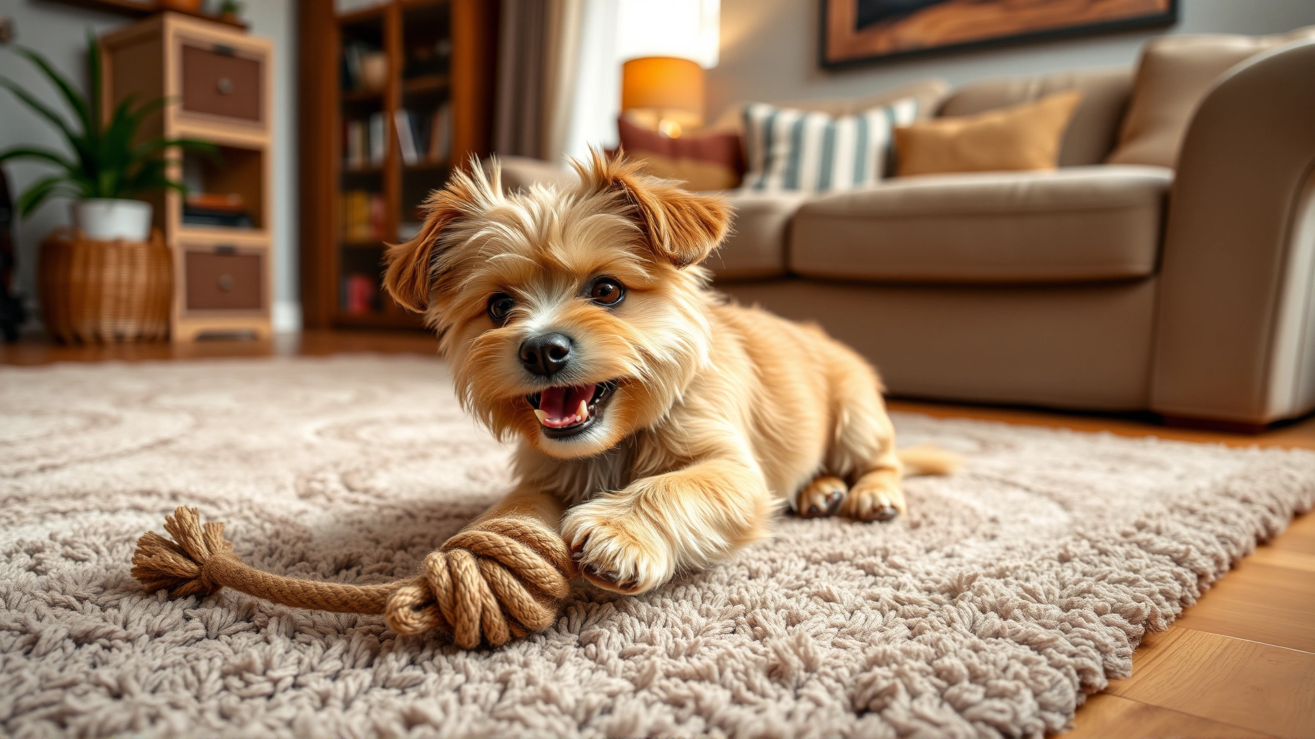 Small dog happily playing with a rope toy on a cozy rug inside a warm living room