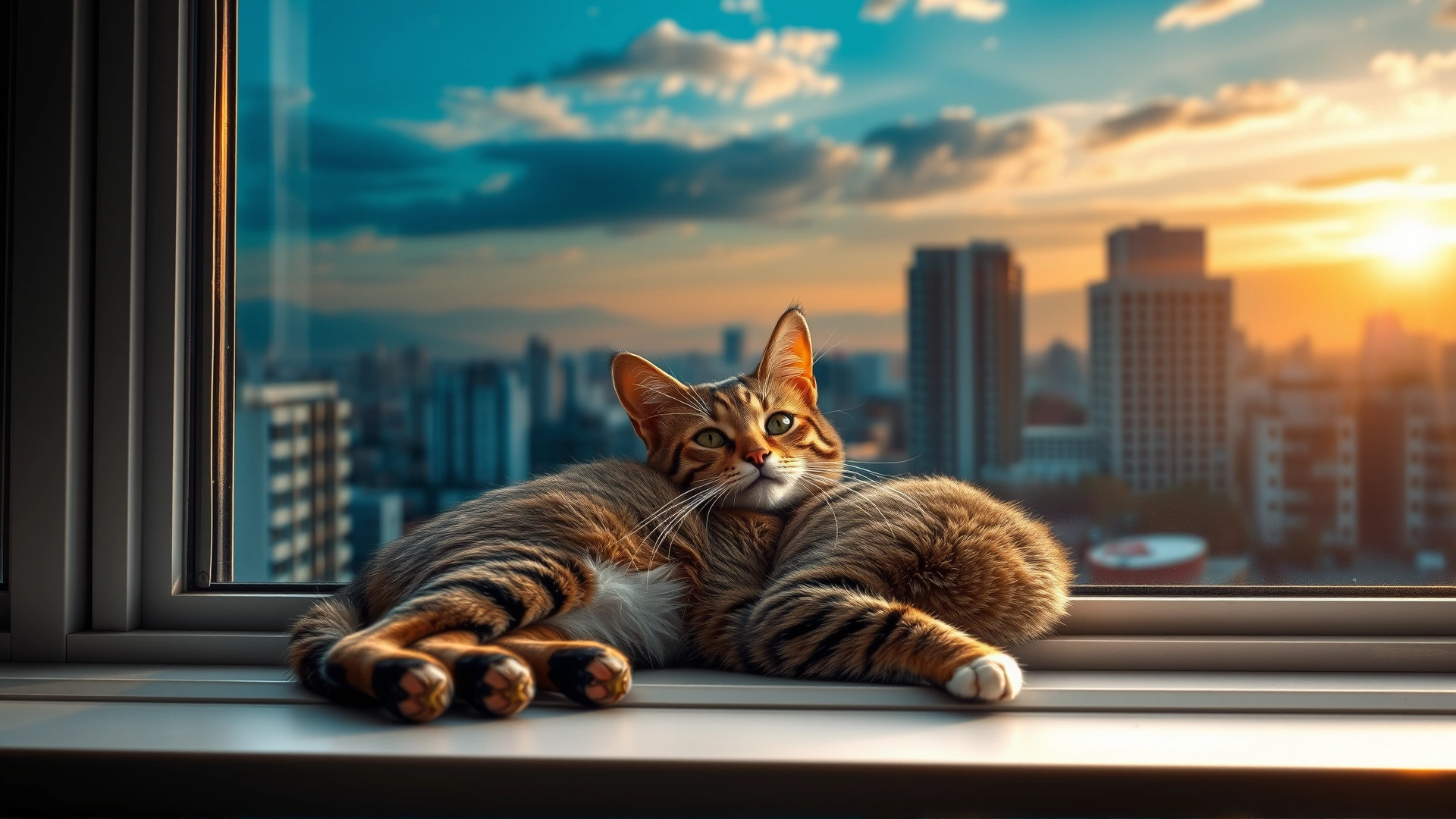 Content indoor cat lounging on a windowsill with a cityscape outside, demonstrating safe indoor environment, warm sunset light
