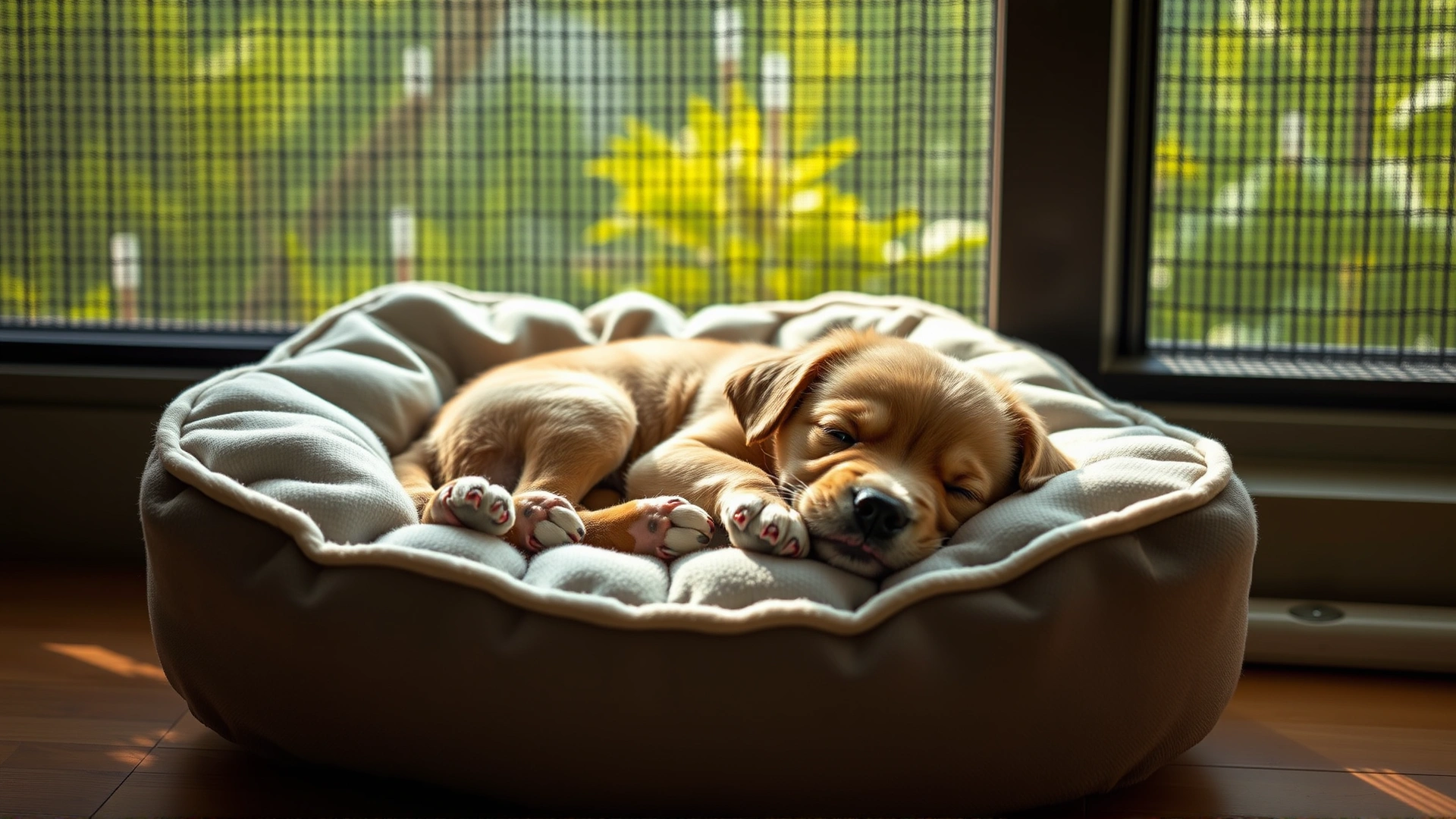 Small puppy sleeping peacefully on a cozy dog bed near a screened window with visible greenery outside, soft natural light, no text