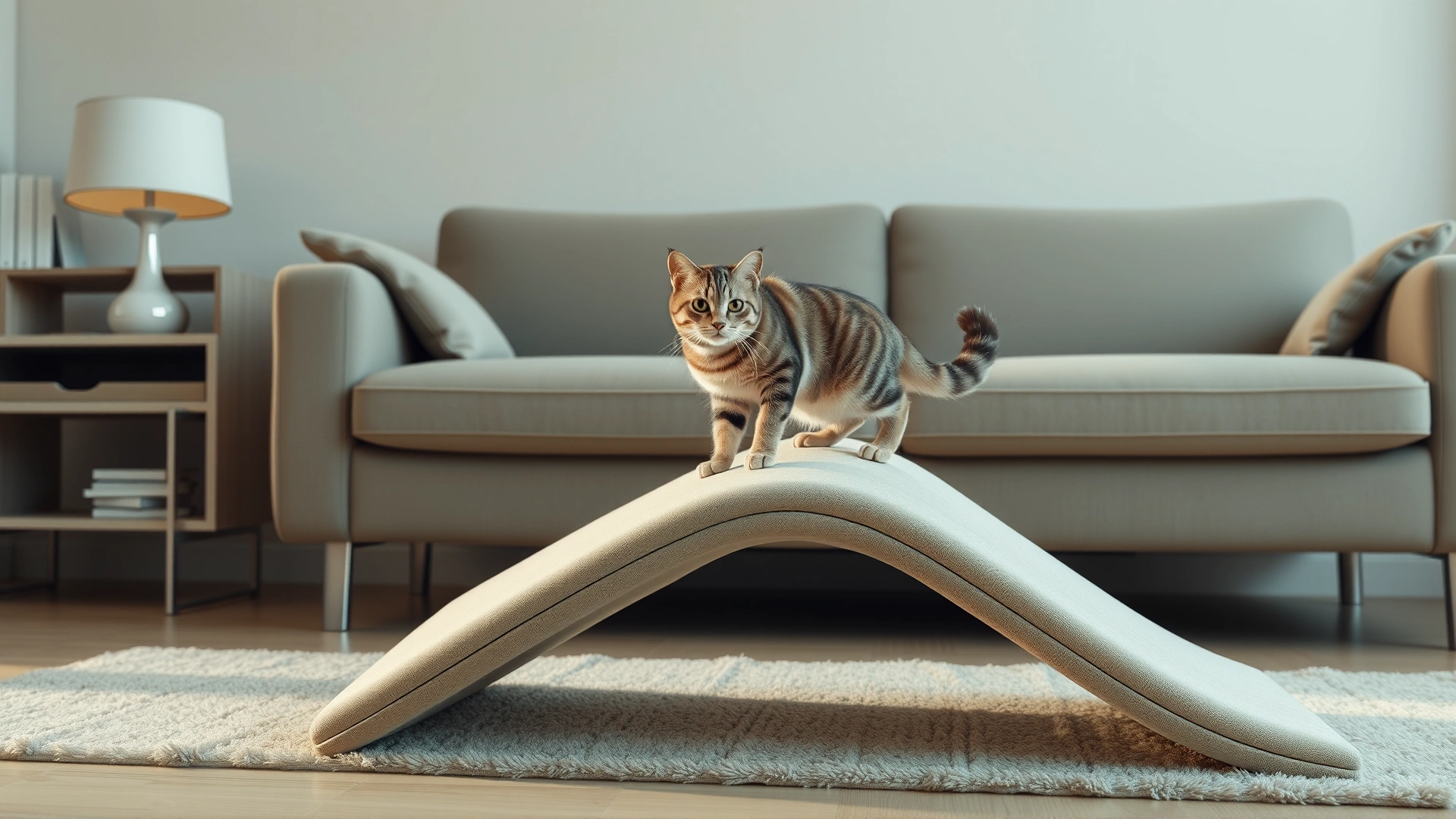 A modern living room with a soft ramp leading up to a couch, a three-legged cat climbing the ramp.