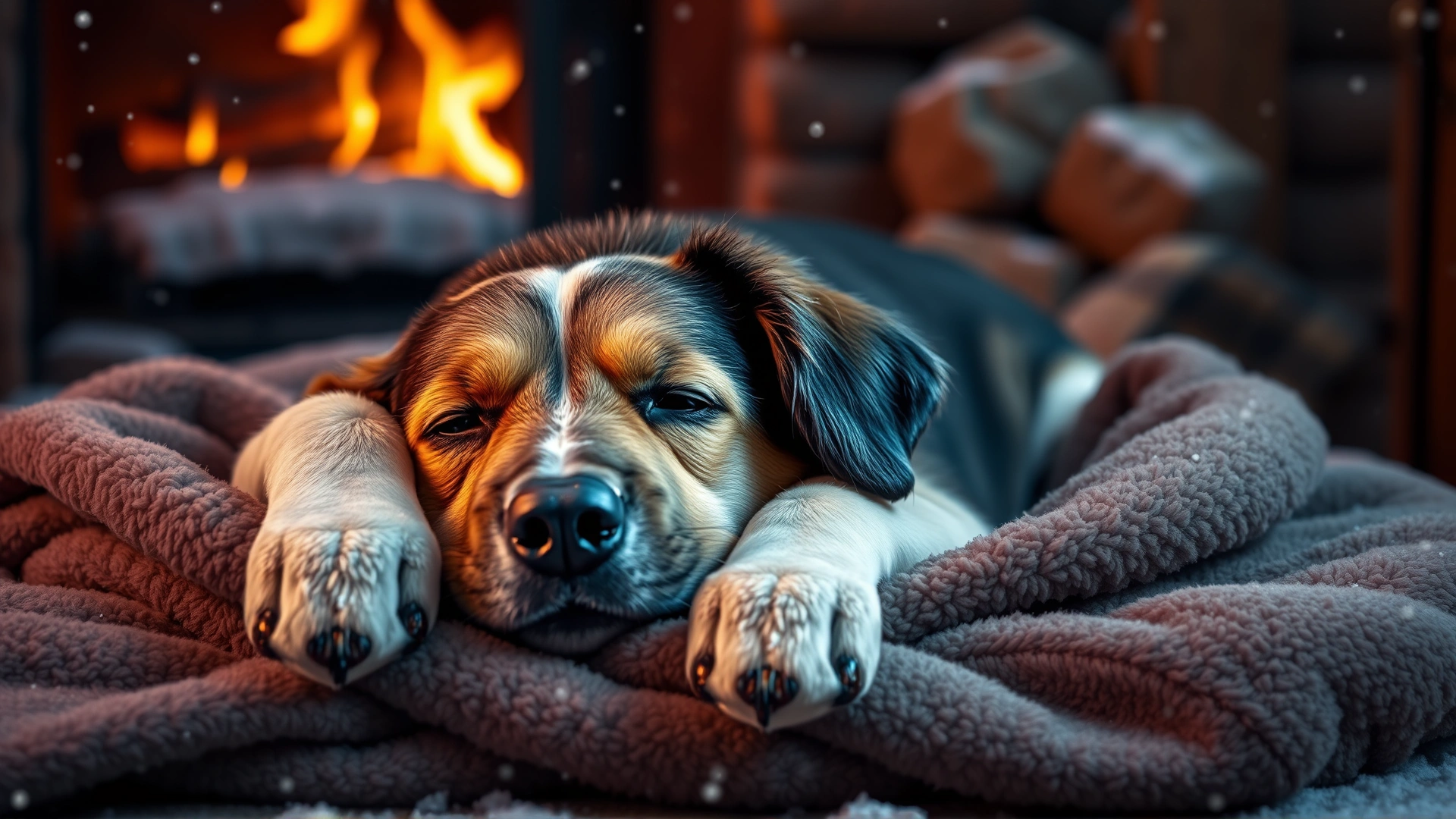 Dog lying on a warm fleece blanket by a fireplace, resting comfortably after a snowy walk