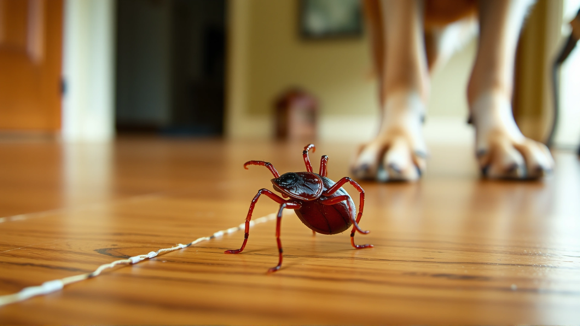 Tick crawling on hardwood floor inside a house, dog's paws blurred in background