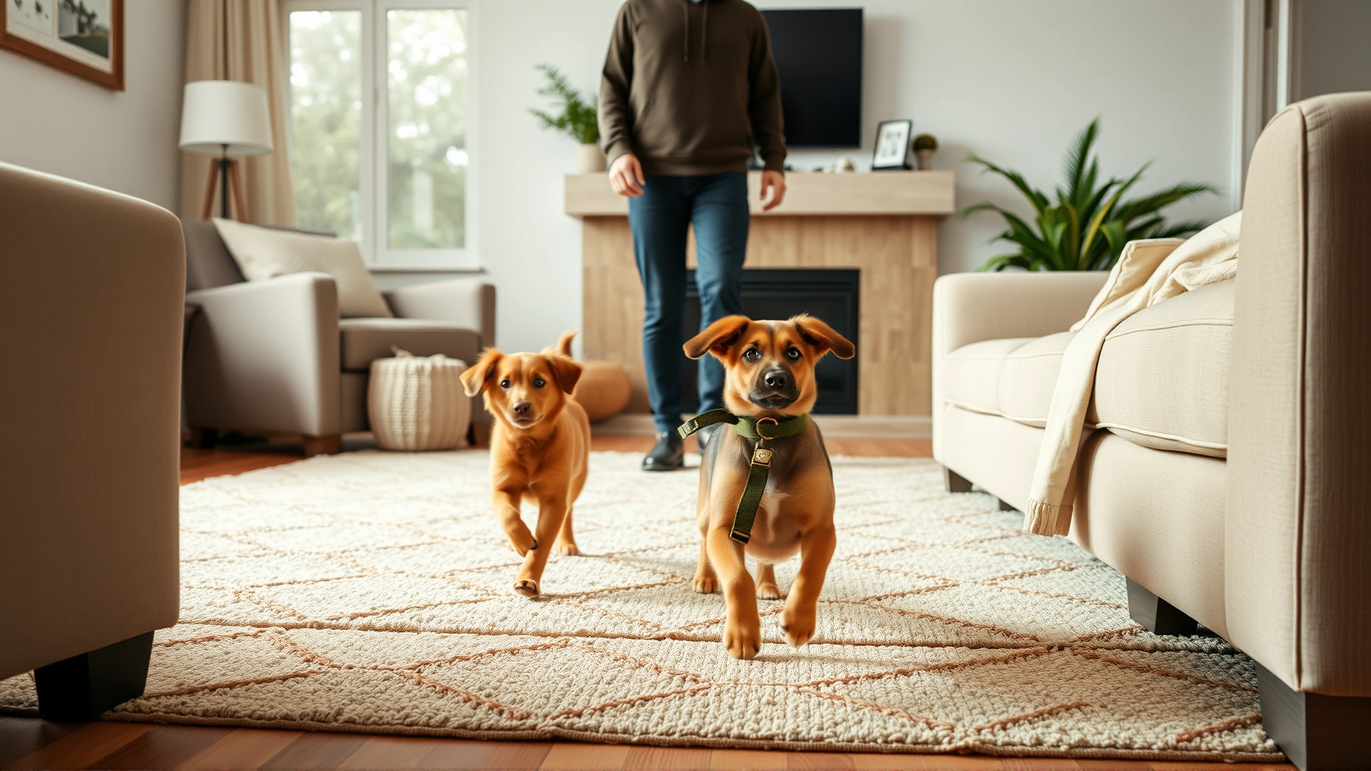 Cozy living room scene where a puppy trots toward its owner in response to the recall command.