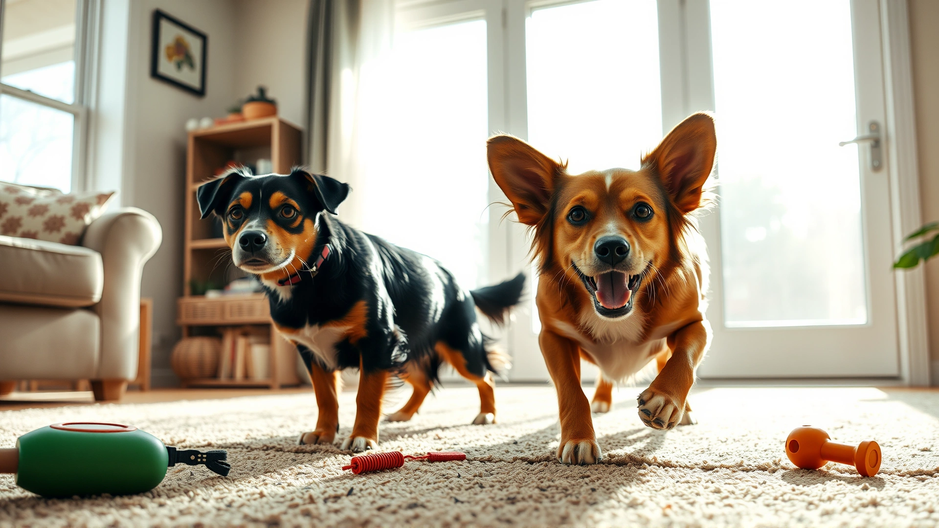 Two dogs calmly exploring a cozy living room together, light streaming through windows, toys scattered on rug.