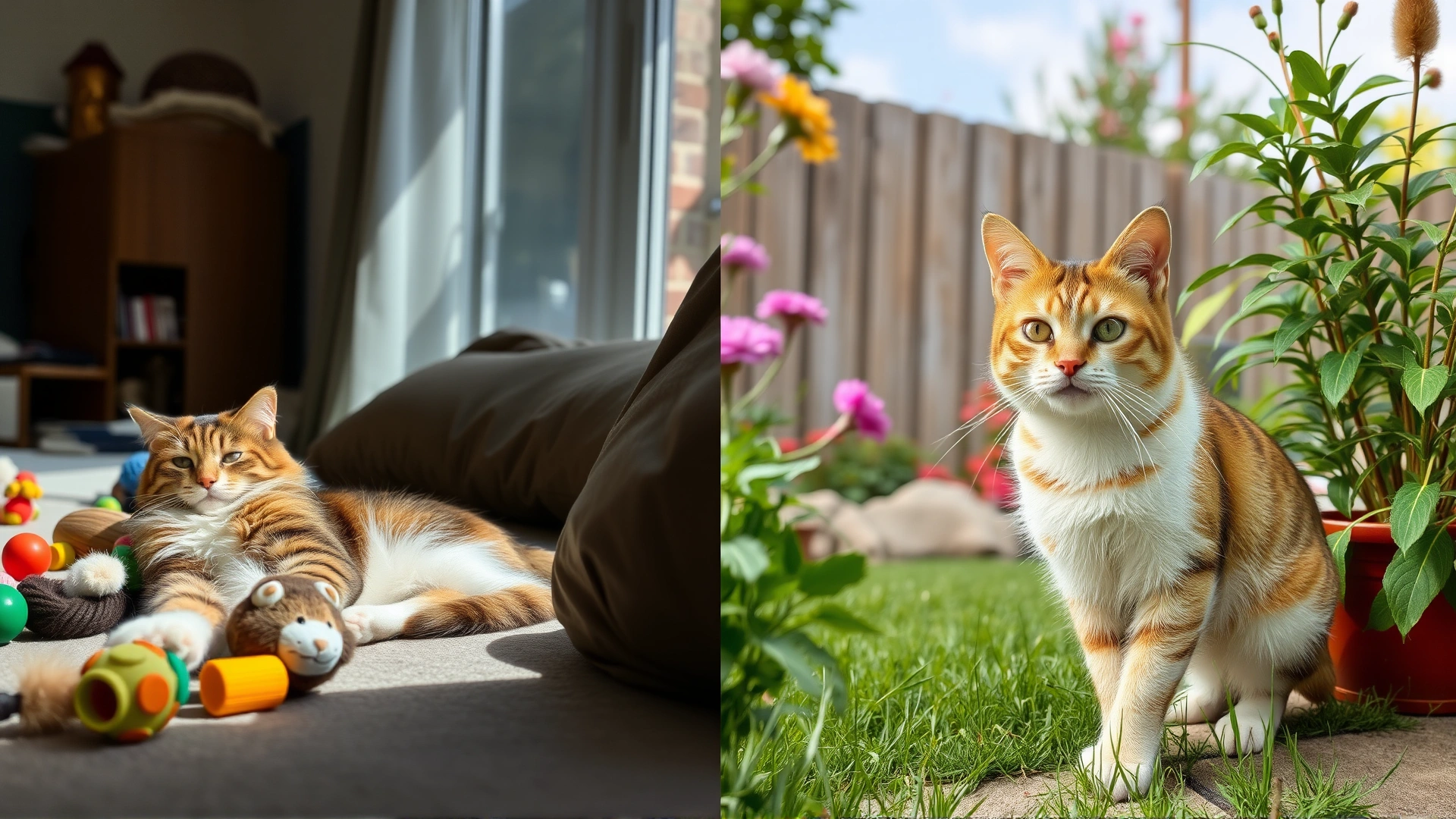 Split image: left side shows an indoor cat lounging with toys, right side shows an outdoor cat exploring a garden, highlighting lifestyle differences.