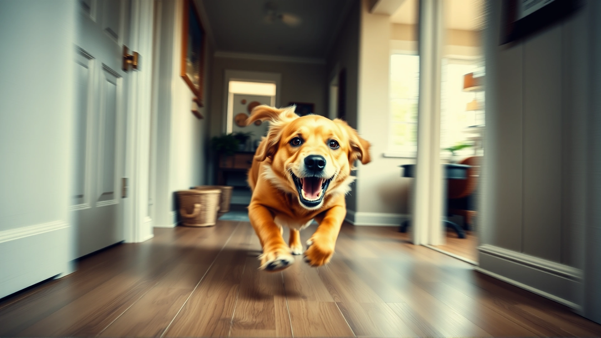 Blurred action shot of a hyperactive dog sprinting across a hallway inside a house, conveying frenetic indoor energy.